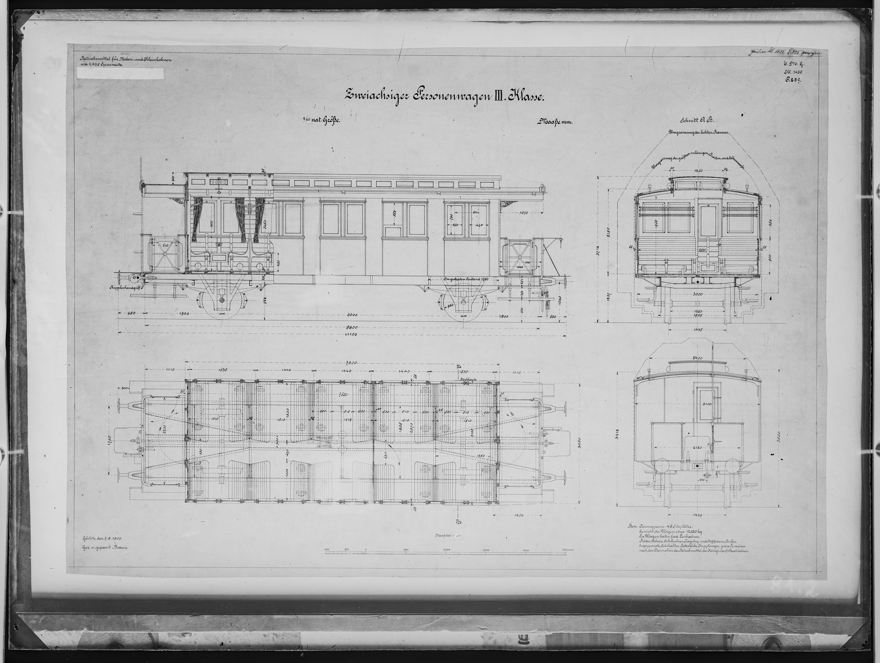 Fotografie: Maßzeichnung eines zweiachsigen Personenwagens dritter Klasse (Spurweite: 1435 mm), Maßstab 1:90, 1900. (Verkehrsmuseum Dresden CC BY-NC-SA)