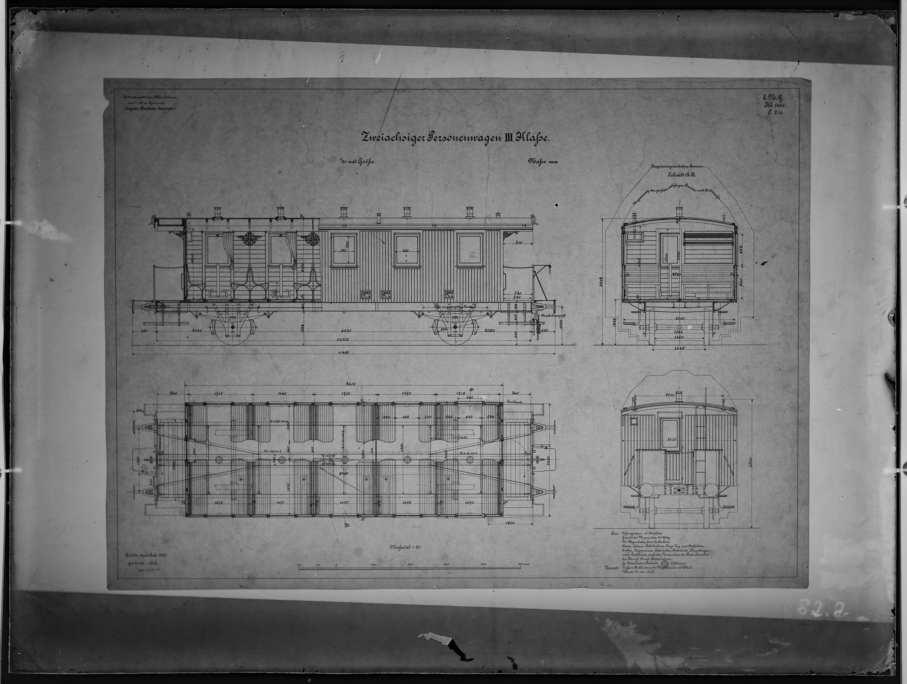 Fotografie: Maßzeichnung eines zweiachsigen Personenwagens dritter Klasse (Spurweite: 1435 mm), Maßstab 1:20, 1899. Liegnitz-Rawitscher Eisenbahn-Gese (Verkehrsmuseum Dresden CC BY-NC-SA)