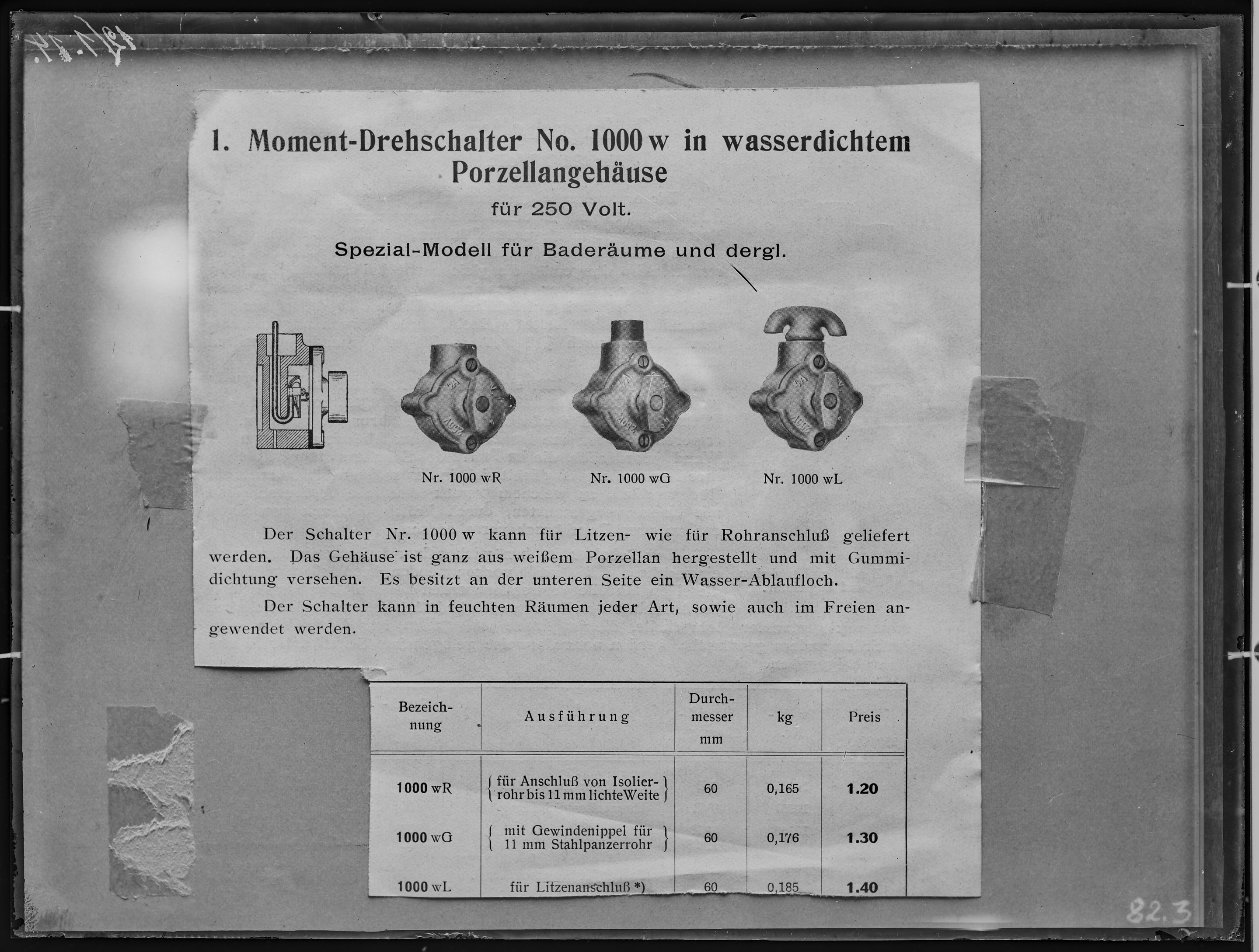Fotografie: Reproduktion von Ausschnitt vermutlich aus Produkt-Infoblatt für Moment-Drehschalter Nr. 1000w in wasserdichtem Porzellangehäuse für 250 V (Verkehrsmuseum Dresden CC BY-NC-SA)