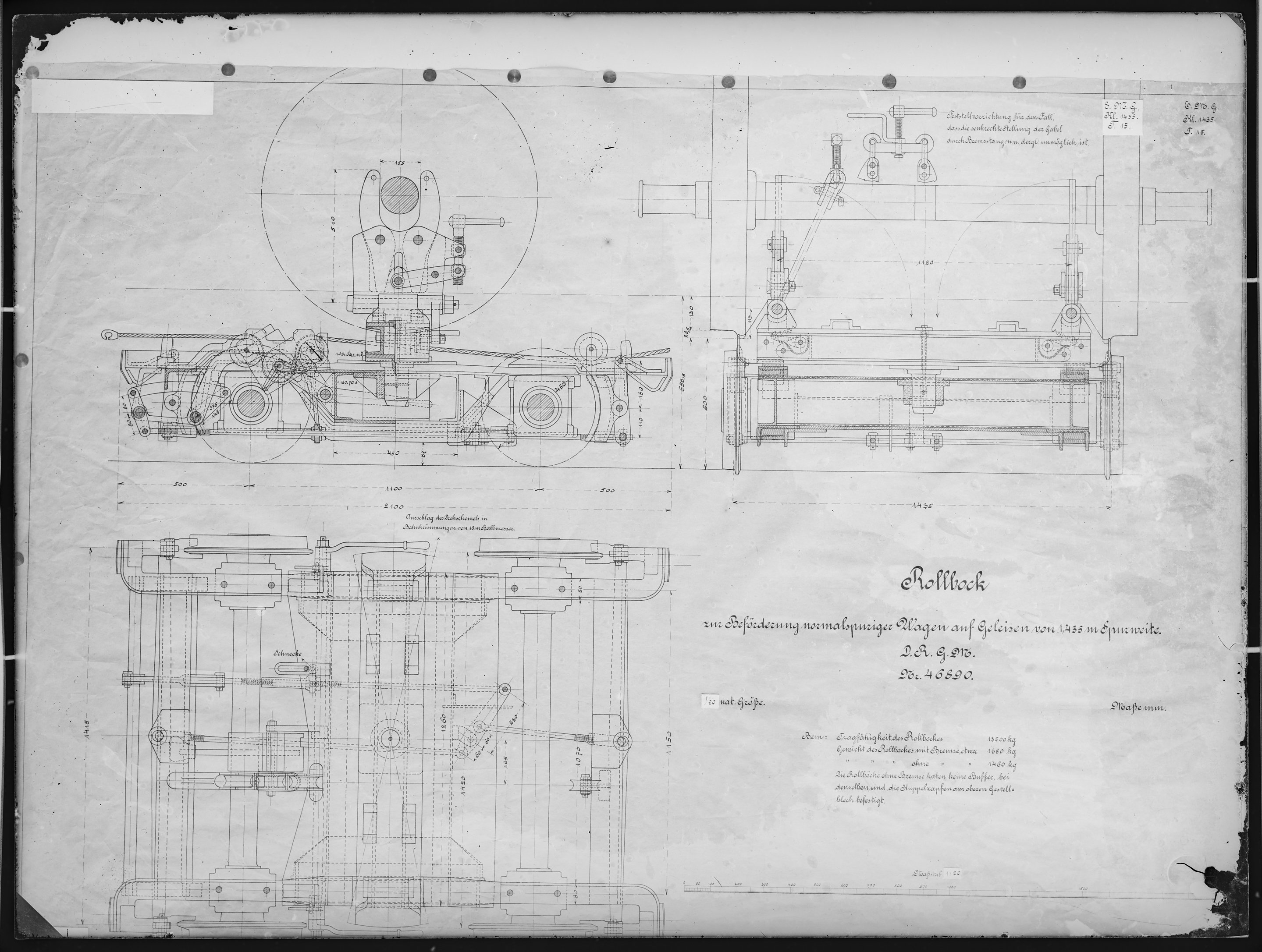 Fotografie: Maßzeichnung eines Rollbocks zur Beförderung normalspuriger Wagen auf Geleisen von 1,435 m Spurweite, um 1900? (Verkehrsmuseum Dresden CC BY-NC-SA)