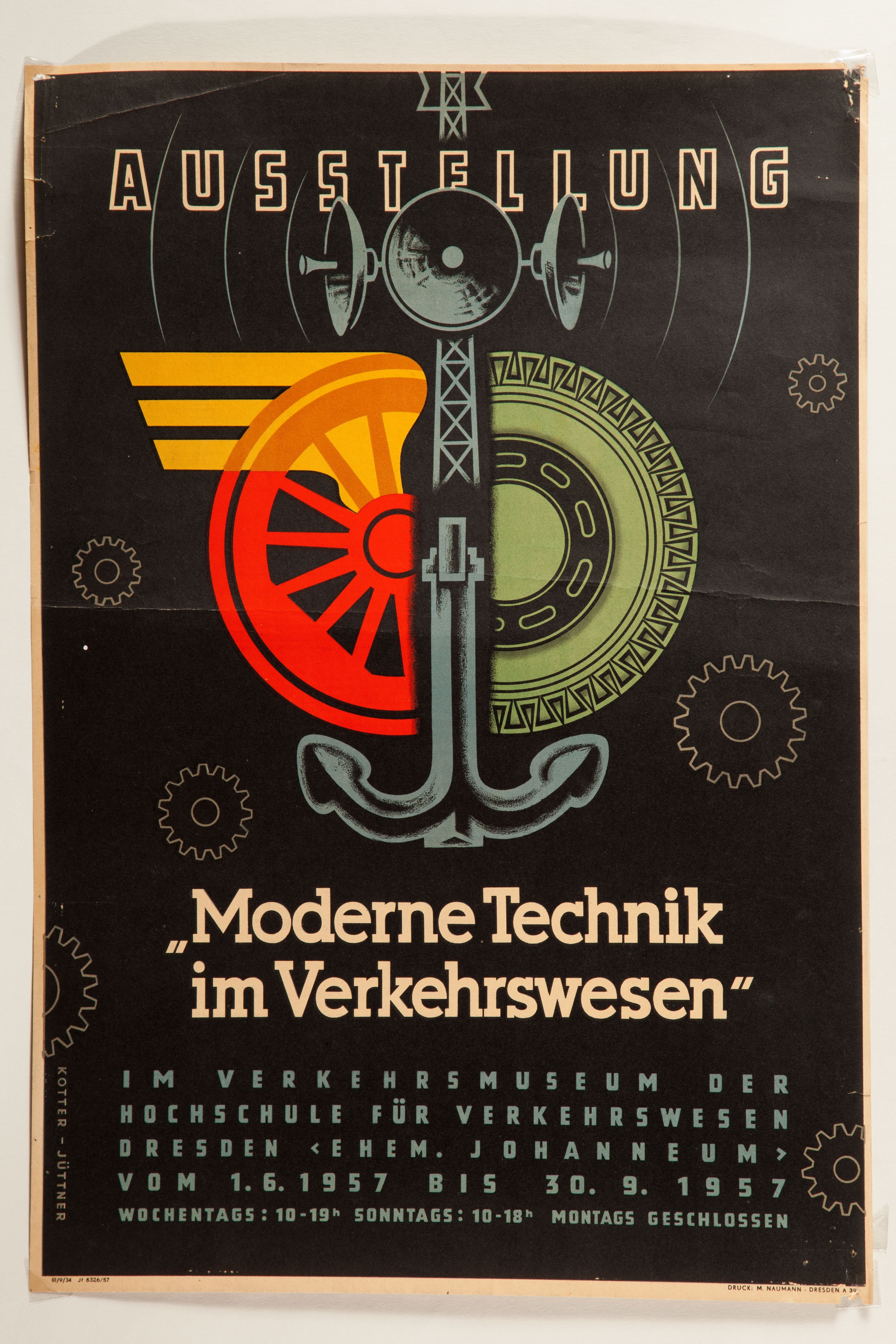 Plakat zur Ausstellung "Moderne Technik im Verkehrswesen" im Verkehrsmuseum Dresden, 1.6 - 30.09.1957 (Verkehrsmuseum Dresden CC BY-NC-SA)