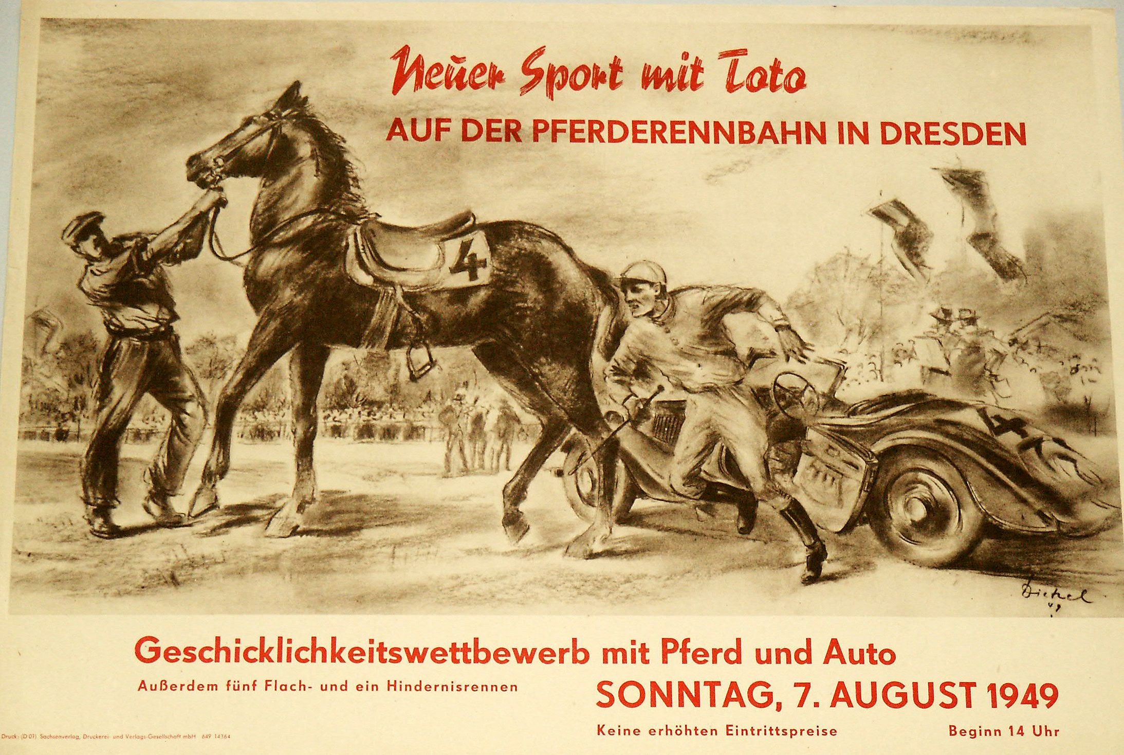 Neuer Sport mit Toto. Auf der Pferderennbahn in Dresden. Geschicklichkeitswettbewerb mit Pferd und Auto ... 7. August 1949. (Verkehrsmuseum Dresden CC BY-NC-SA)