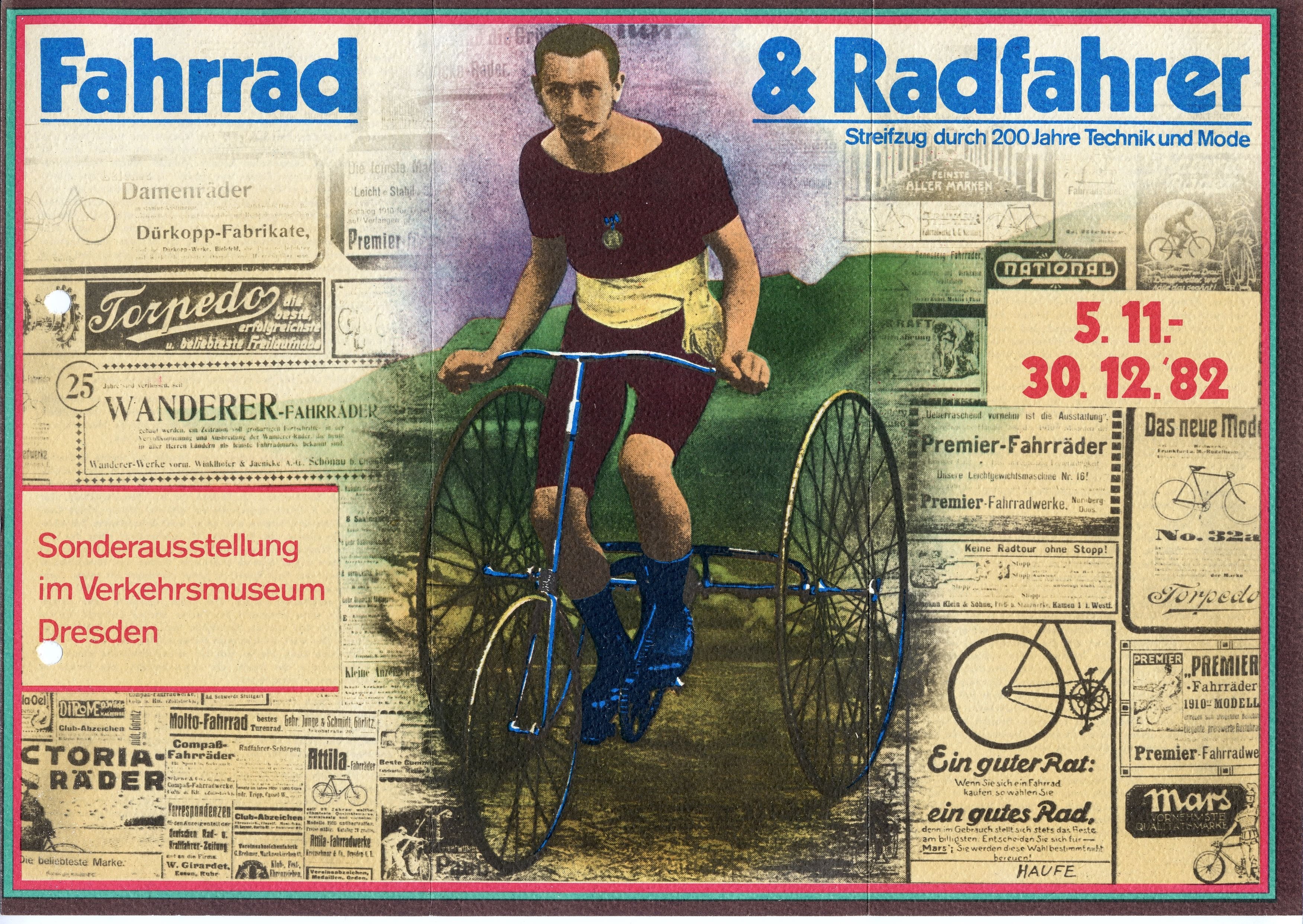 Plakat "Fahrrad und Radfahrer", Sonderausstellung im Verkehrsmuseum Dresden zur Geschichte des Fahrrades und des Radfahrens", 1982 (Verkehrsmuseum Dresden CC BY-NC-SA)
