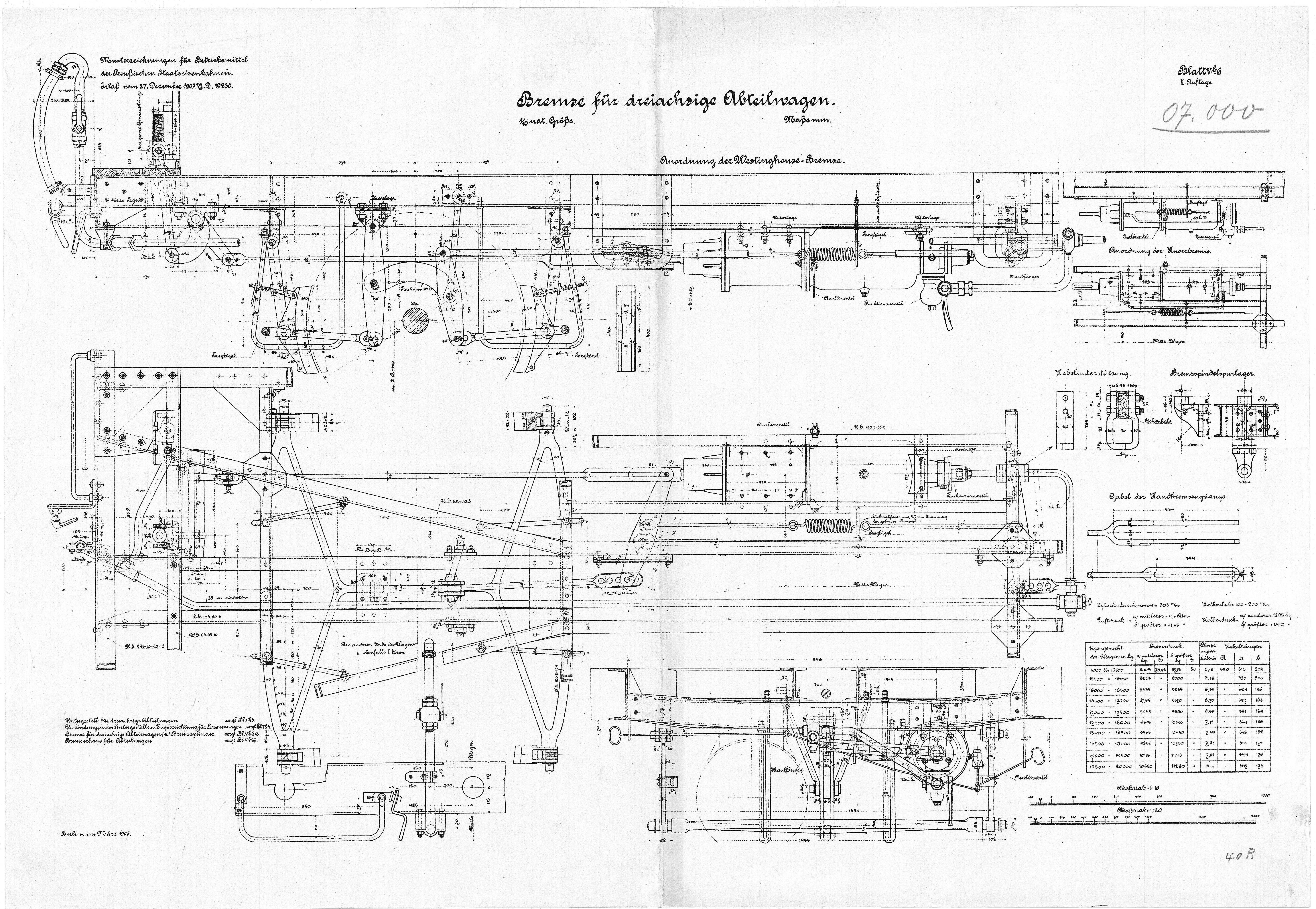 Konstruktionszeichnung Detailzeichnung Bremse für dreiachsige Abteilwagen. Preussische Staatseisenbahnen, 1908. (Verkehrsmuseum Dresden CC BY-NC-SA)