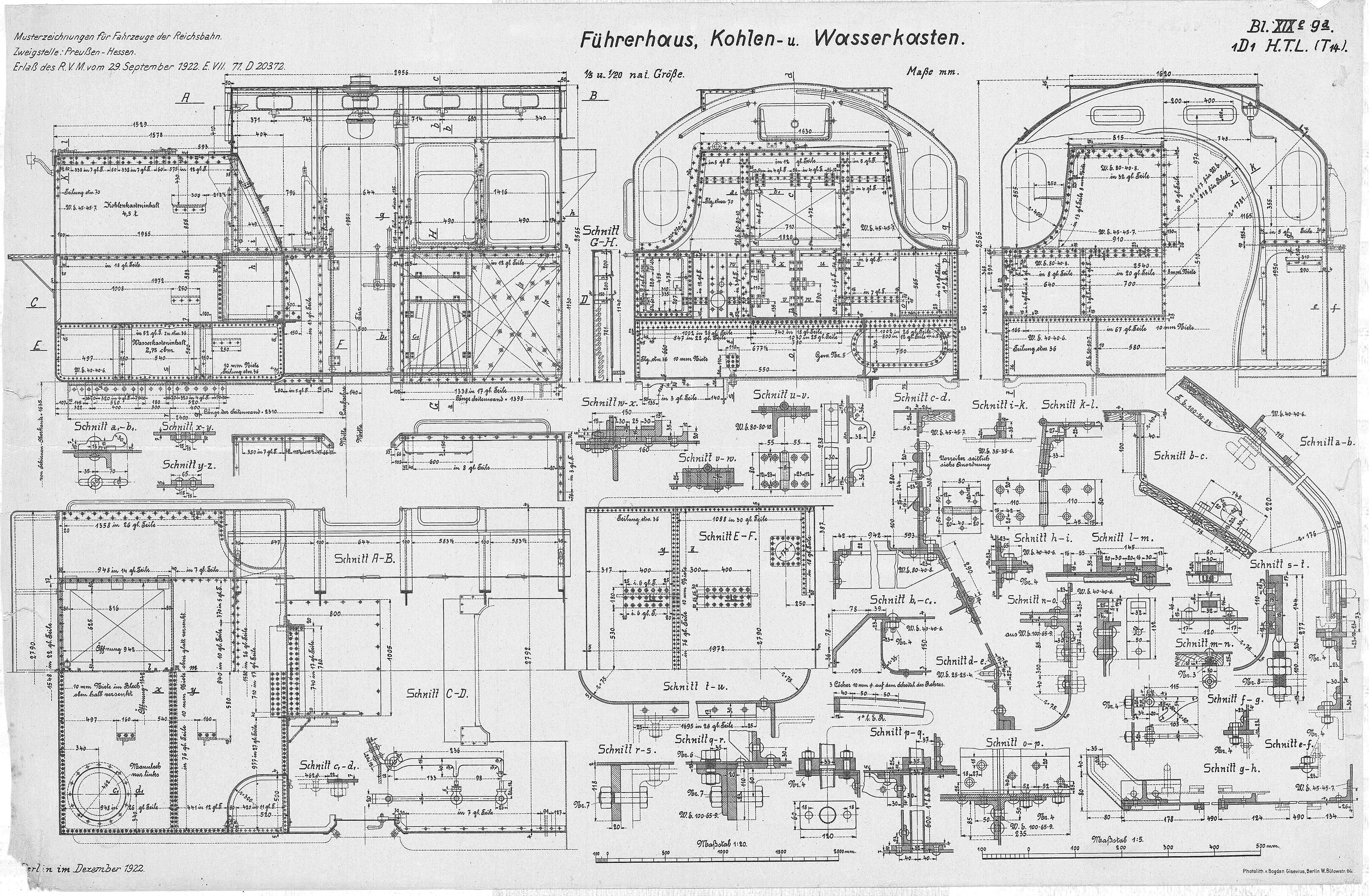 Konstruktionszeichnung Detailzeichnung des Führerhaus, Wasser- und Kohlenkastens der Dampflokomotive Gattung T 14, eine 4/6 gekuppelte Heissdampf - Gü (Verkehrsmuseum Dresden CC BY-NC-SA)