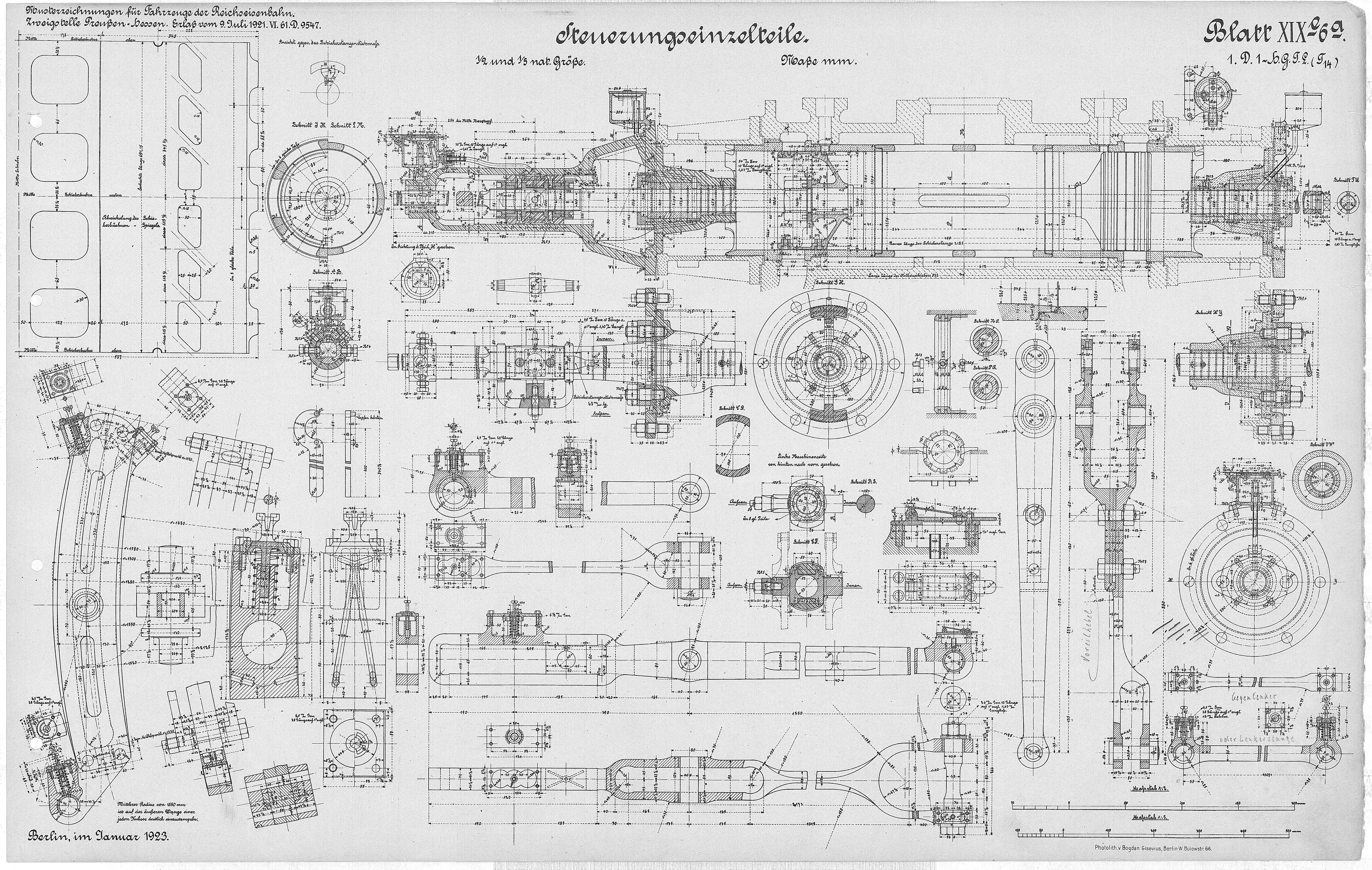 Konstruktionszeichnung Detailzeichnung des Führerhaus, Wasser- und Kohlenkastens der Dampflokomotive Gattung T 14, eine 4/6 gekuppelte Heissdampf - Gü (Verkehrsmuseum Dresden CC BY-NC-SA)
