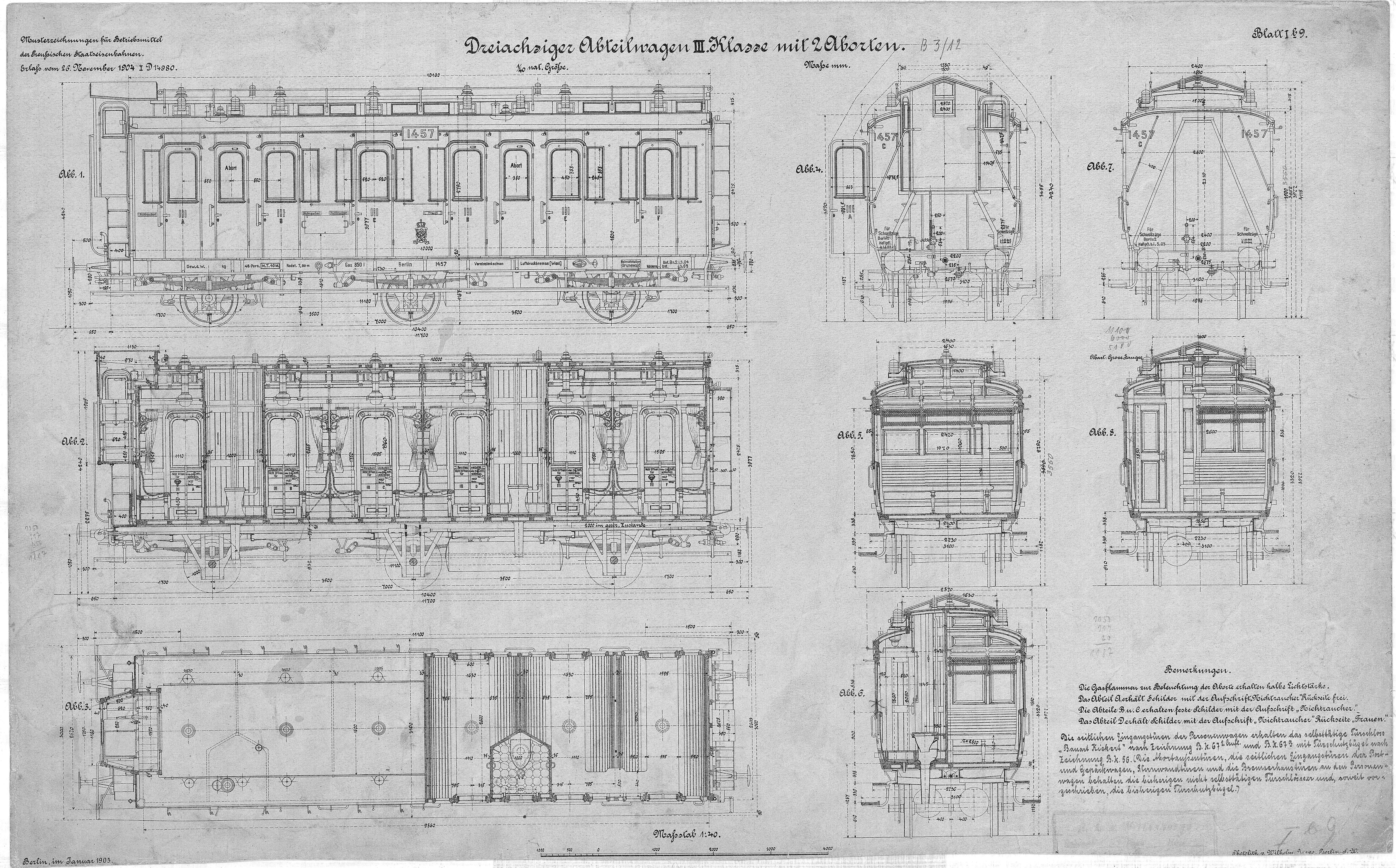 Konstruktionszeichnung Gesamtzeichnung eines 3-achsigen Abteilwagen 3. Klasse mit zwei Aborten, Preußische Staatseisenbahnen, 1905. (Verkehrsmuseum Dresden CC BY-NC-SA)