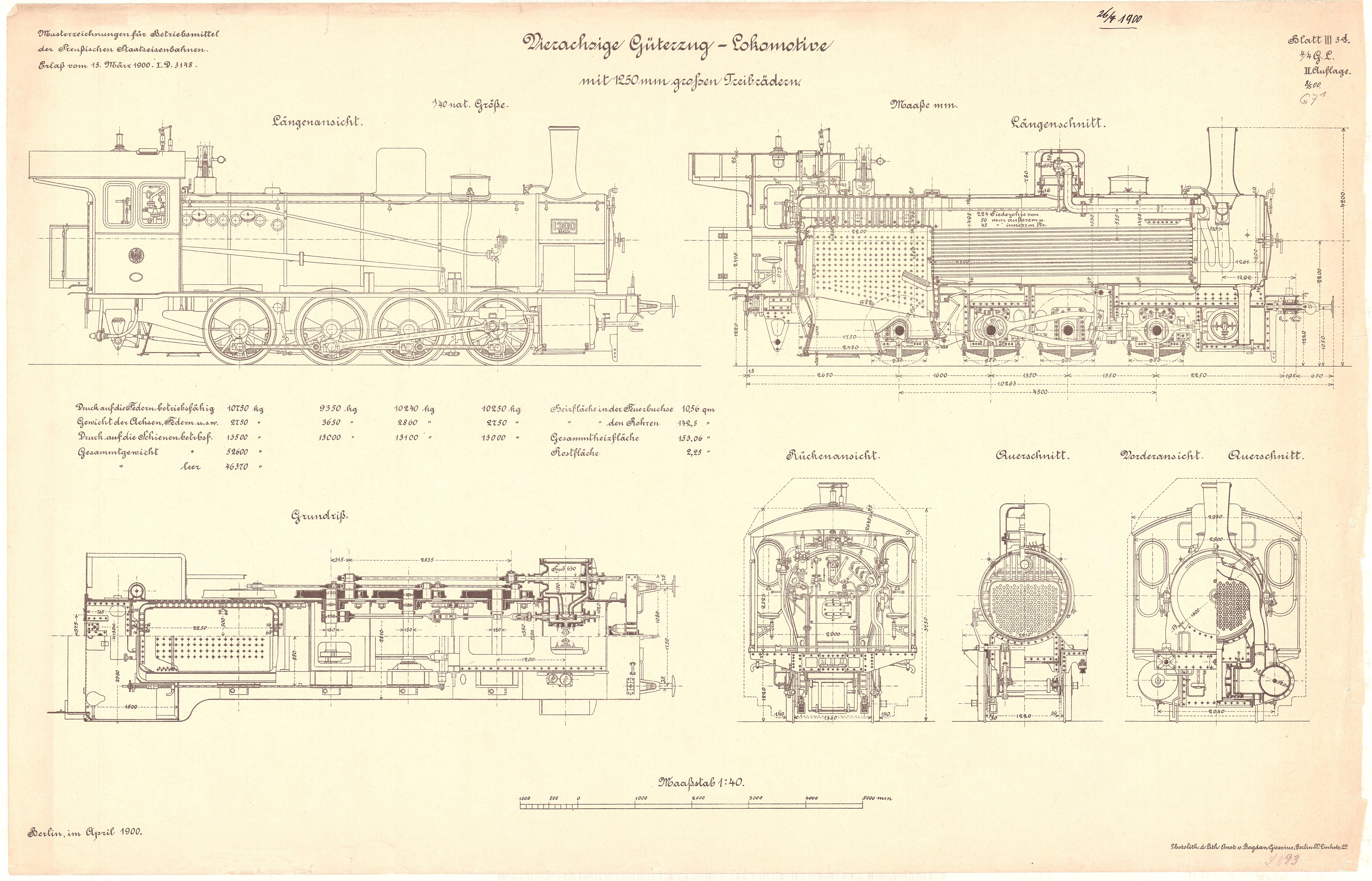 Konstruktionszeichnung Dampflokomotive Güterzuglokomotive Gattung G 7.1 der Preußischen Staatseisenbahnen, Übersichtszeichnung, 1900 (Verkehrsmuseum Dresden CC BY-NC-SA)