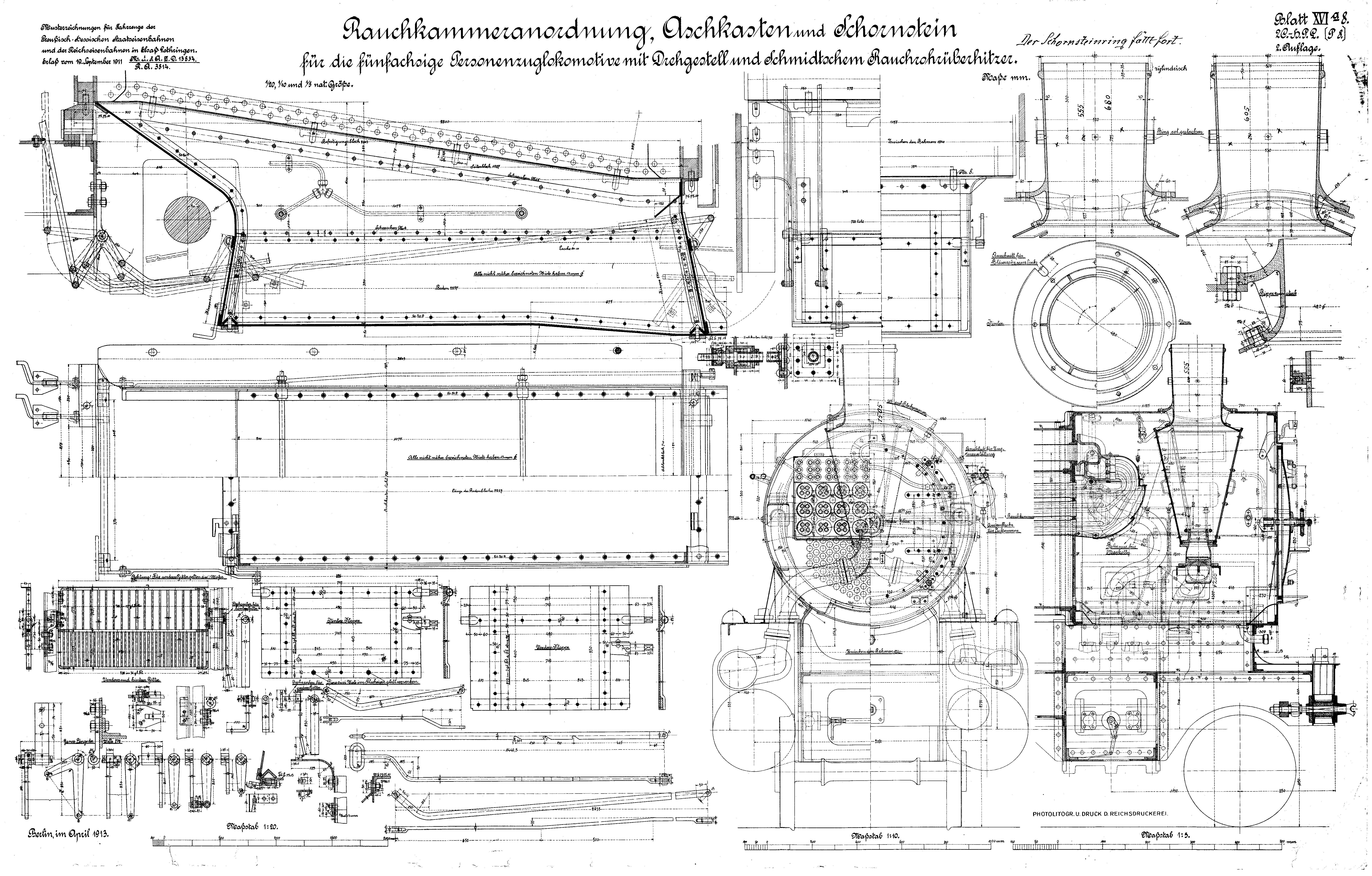 Konstruktionszeichnung Dampflokomotive Gattung P 8, 1913 (Verkehrsmuseum Dresden CC BY-NC-SA)