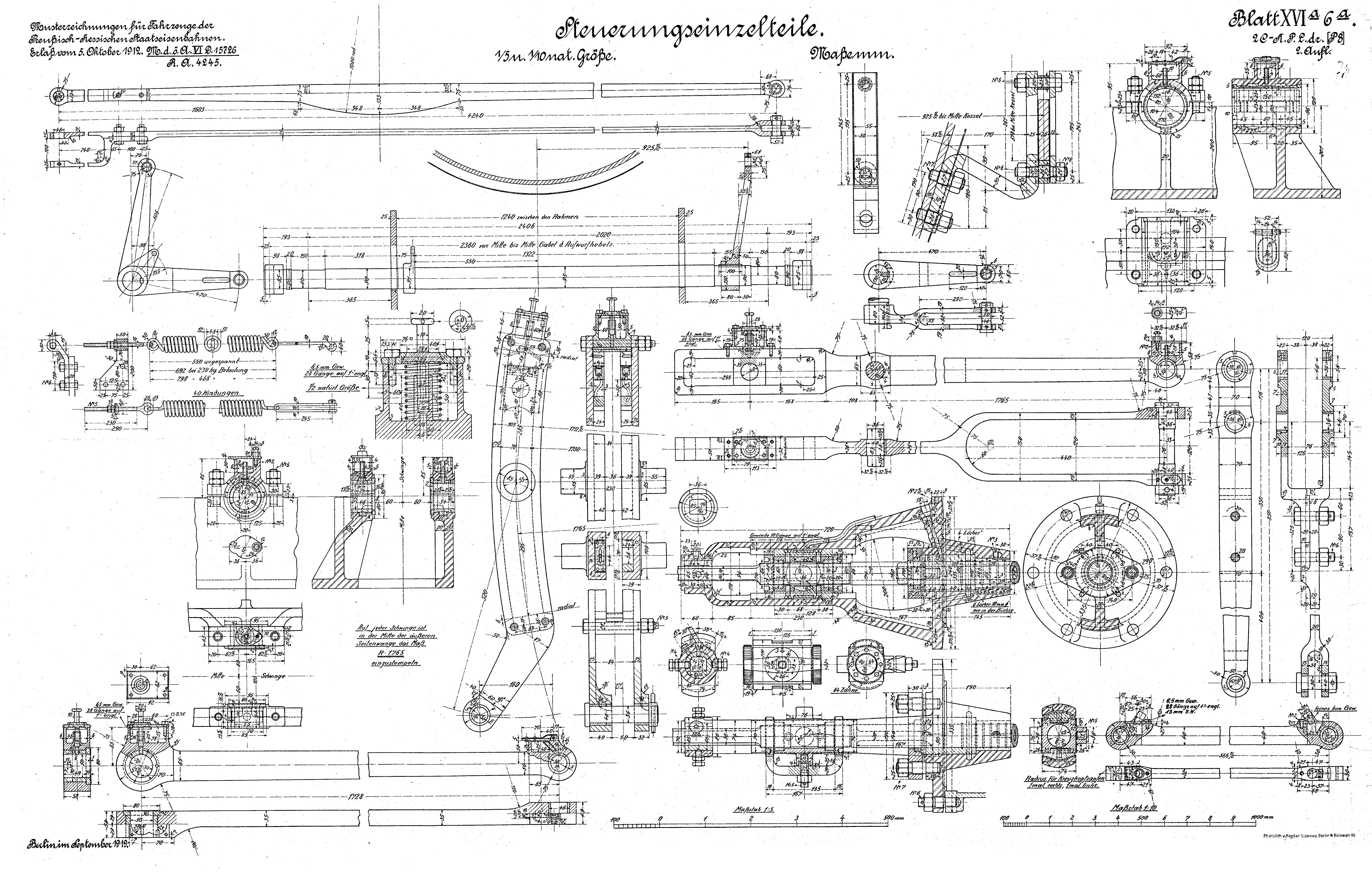 Konstruktionszeichnung Dampflokomotive Gattung P 8 der Preußischen Staatseisenbahnen, Detailzeichnung Steuerungsteile 1919 (Verkehrsmuseum Dresden CC BY-NC-SA)