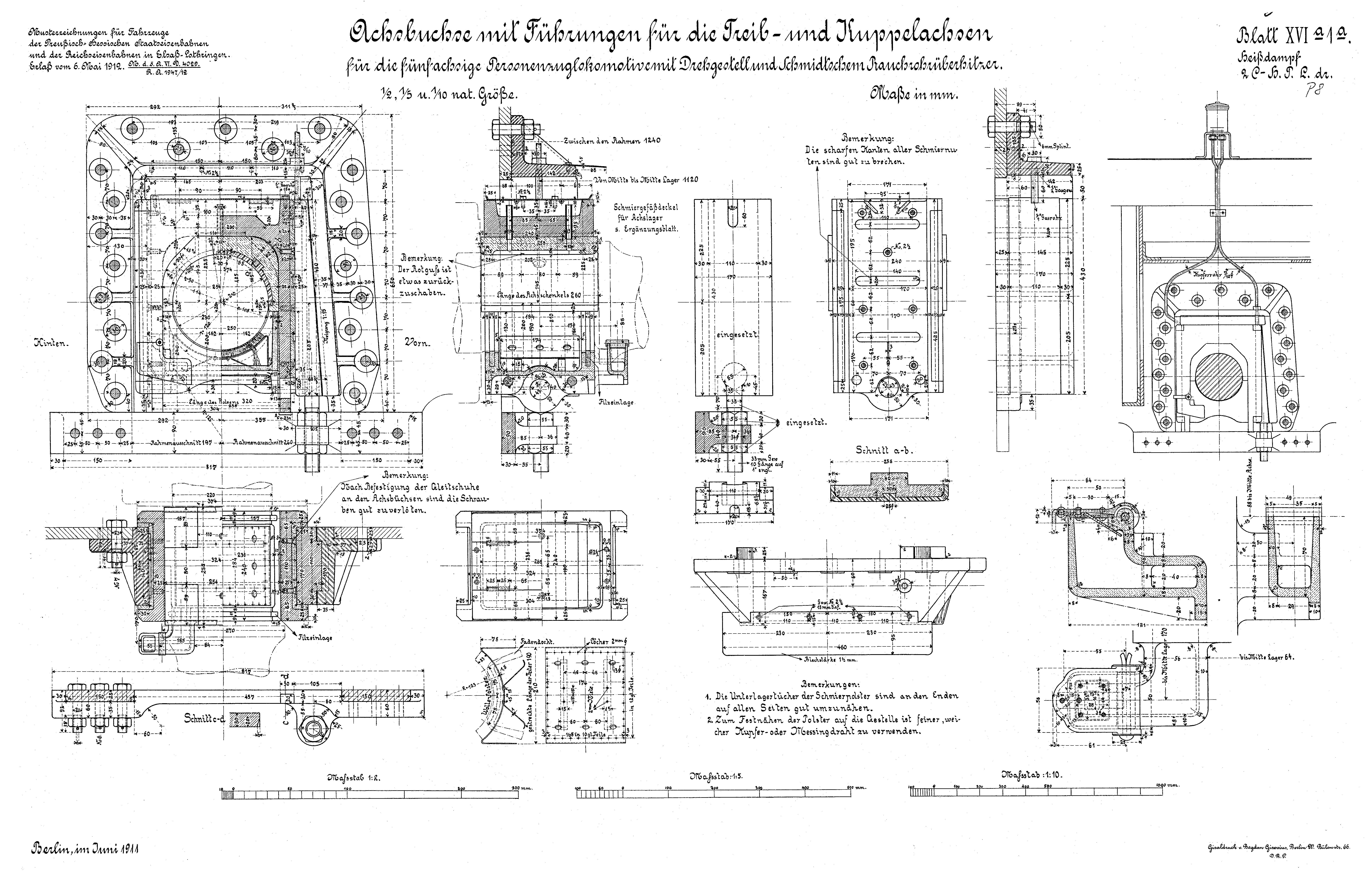 Konstruktionszeichnung Dampflokomotive Gattung P 8, Detailzeichnung Achsbuchse (Verkehrsmuseum Dresden CC BY-NC-SA)