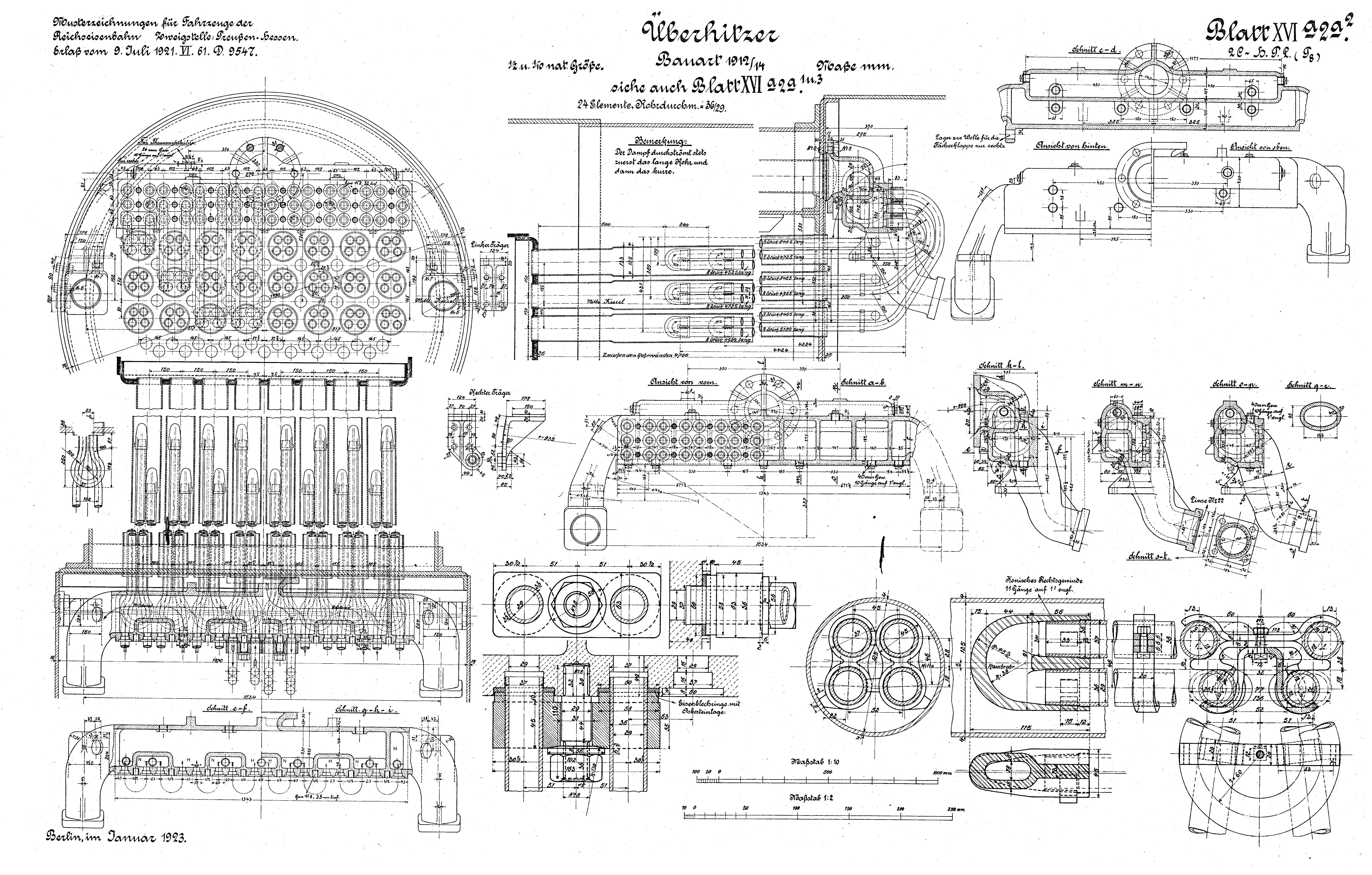 Konstruktionszeichnung Dampflokomotive Gattung P 8 der ehemals Preußischen Staatseisenbahnen, Detailzeichnung Überhitzer (Verkehrsmuseum Dresden CC BY-NC-SA)