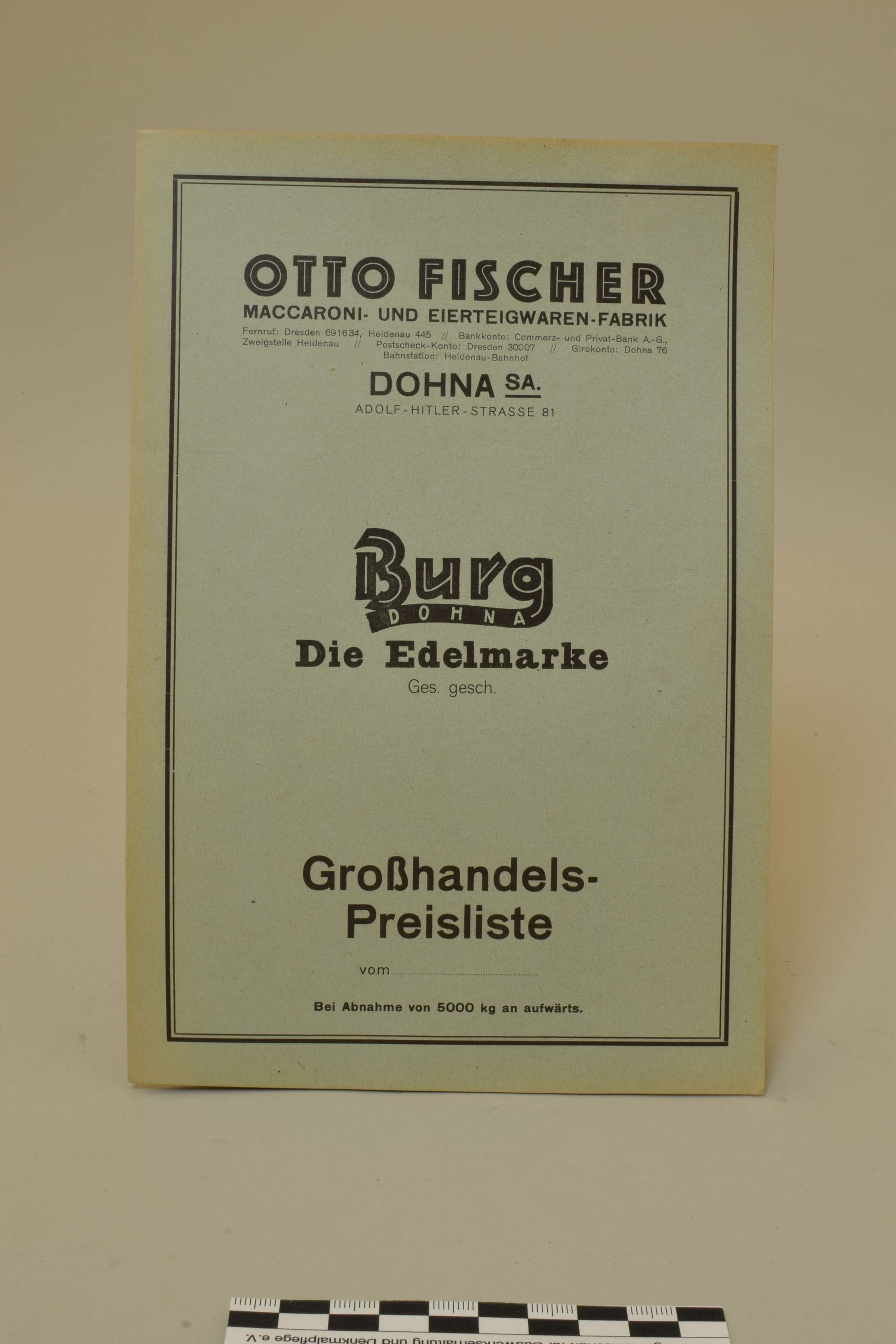 Großhandels-Preisliste der Nudelfabrik Dohna (Heimatmuseum Dohna CC BY-NC-SA)