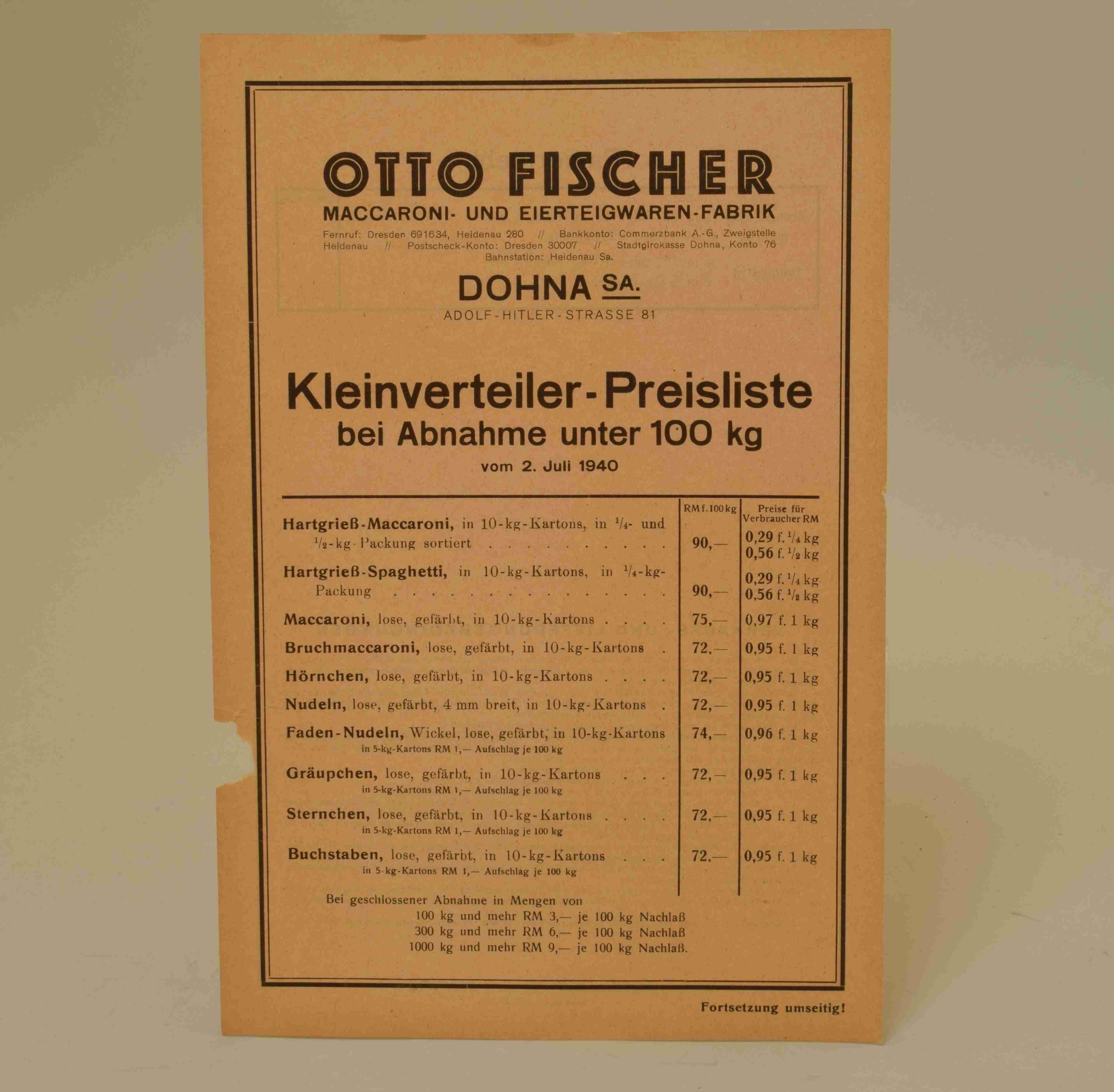 Kleinverteiler-Preisliste der Nudelfabrik Dohna (Heimatmuseum Dohna CC BY-NC-SA)