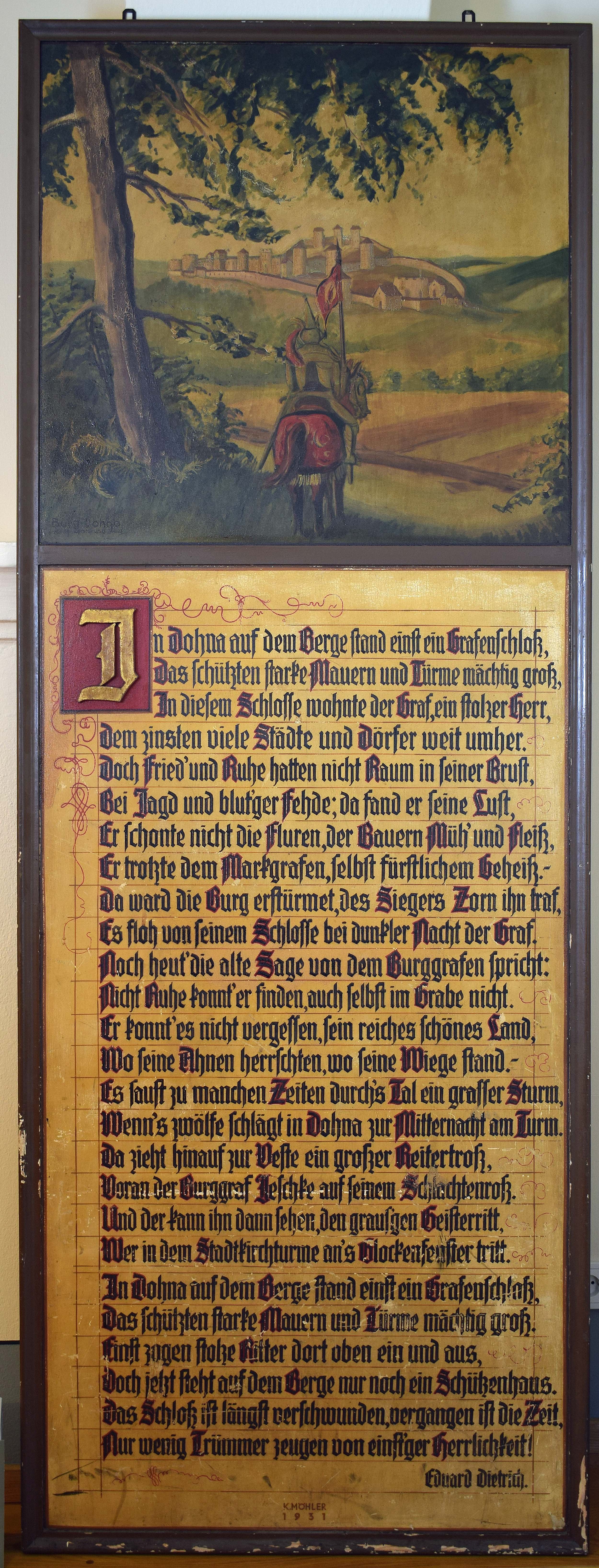 Tafel mit Dichtung und Gemälde der Burg Dohna (Heimatmuseum Dohna CC BY-NC-SA)