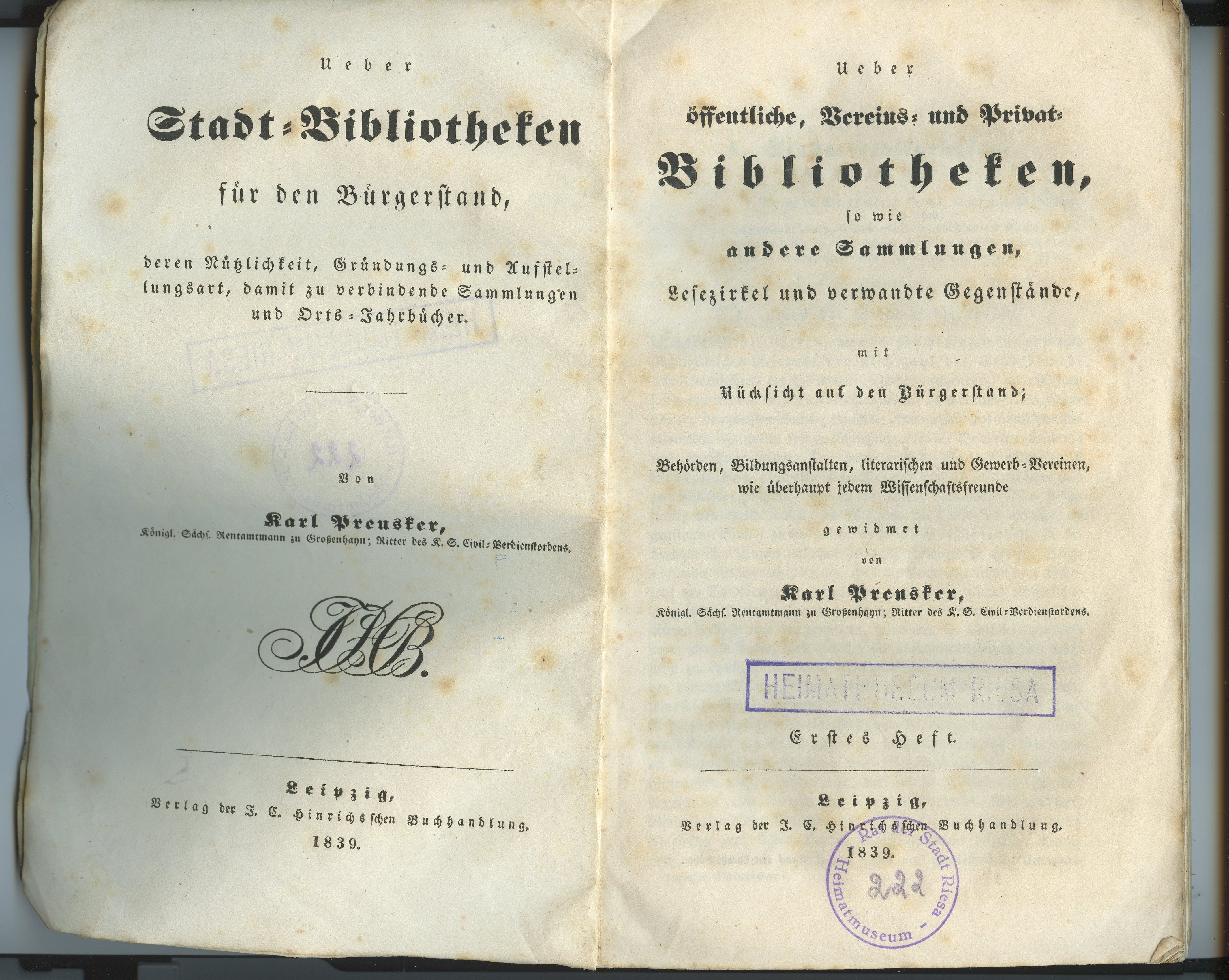 Preusker, Karl: Ueber öffentliche, Vereins- und Privat-Bibliotheken / Ueber Stadt-Bibliotheken für den Bürgerstand, 1839/1840 (Museum Alte Lateinschule CC BY-NC-SA)