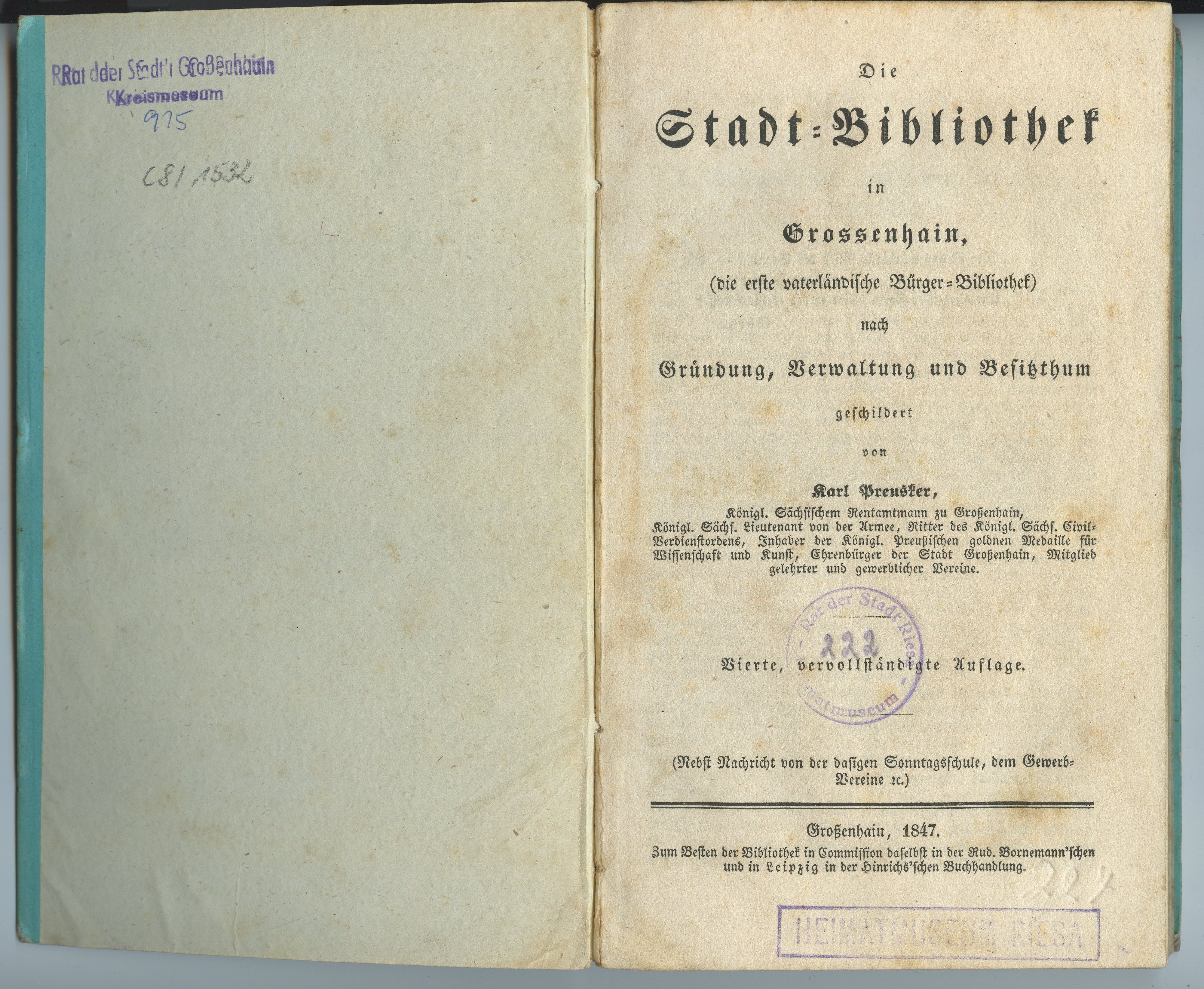 Preusker, Karl: Die Stadt-Bibliothek in Grossenhain [...], 4. Auflage 1847 (Museum Alte Lateinschule CC BY-NC-SA)