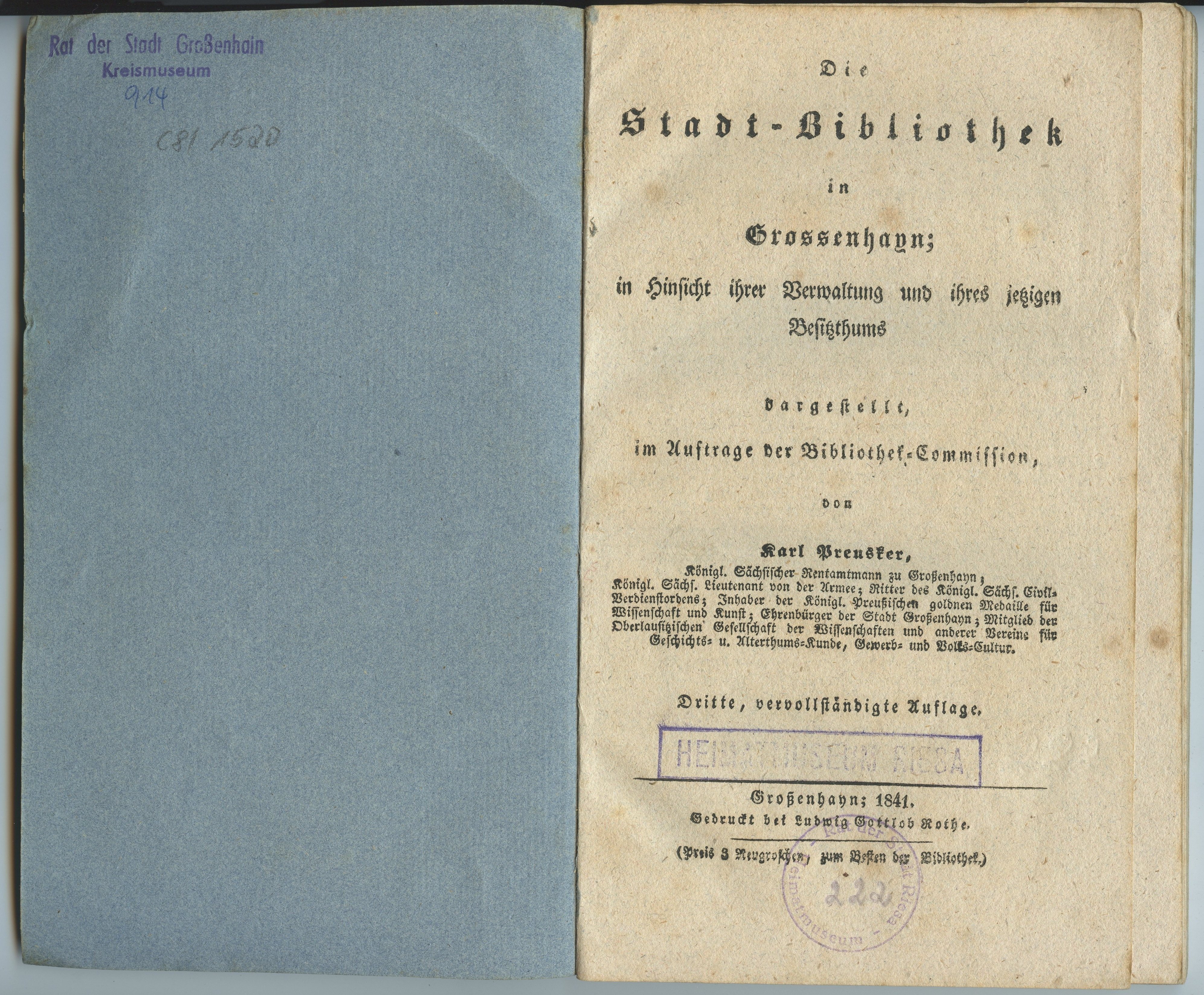 Preusker, Karl: Die Stadt-Bibliothek in Grossenhayn [...], 3. Auflage 1841 (Museum Alte Lateinschule CC BY-NC-SA)