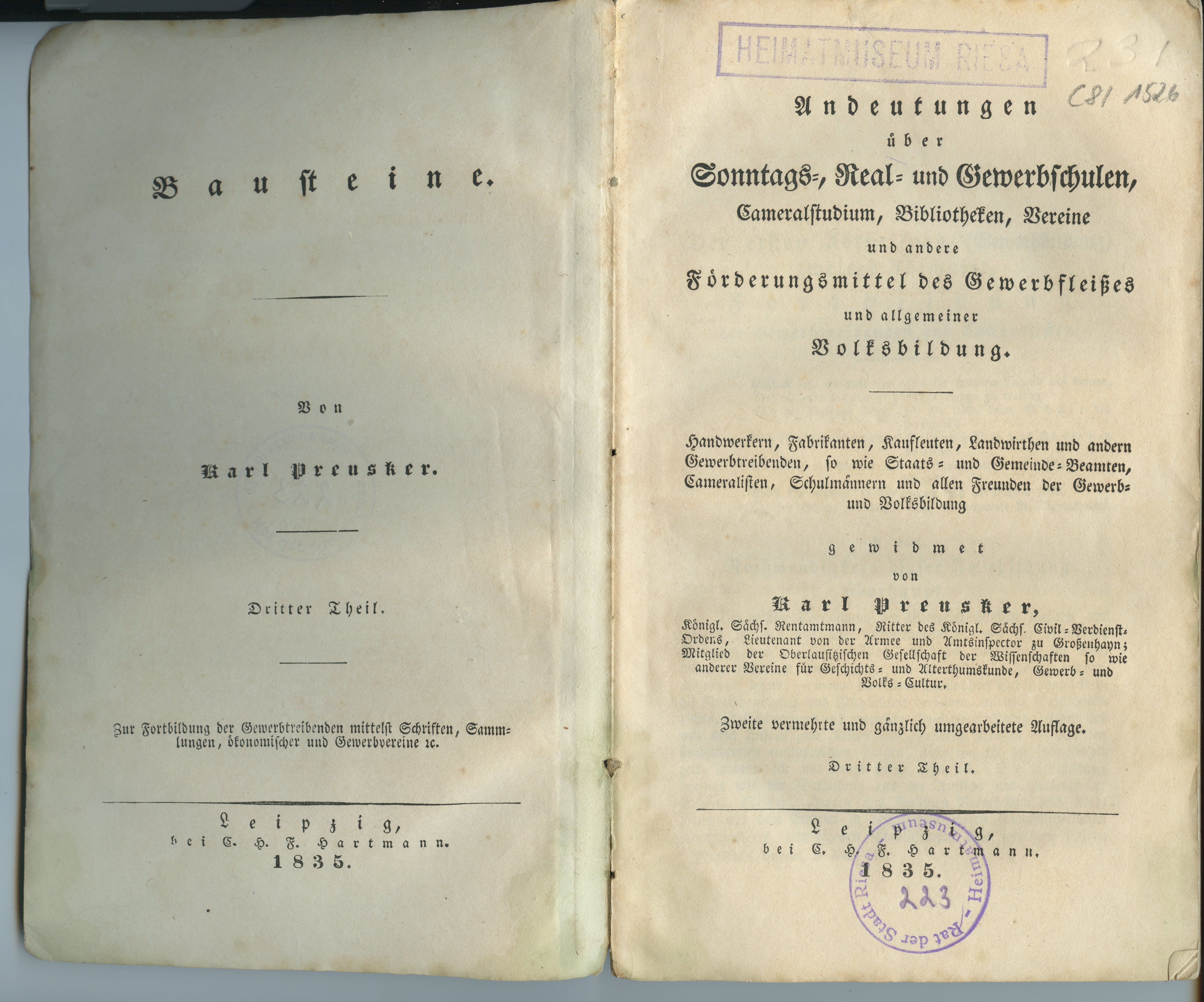 Preusker, Karl: Andeutungen über Sonntags-, Real- und Gewerbschulen [...], Teil 3, 2. Auflage 1835 (Museum Alte Lateinschule CC BY-NC-SA)