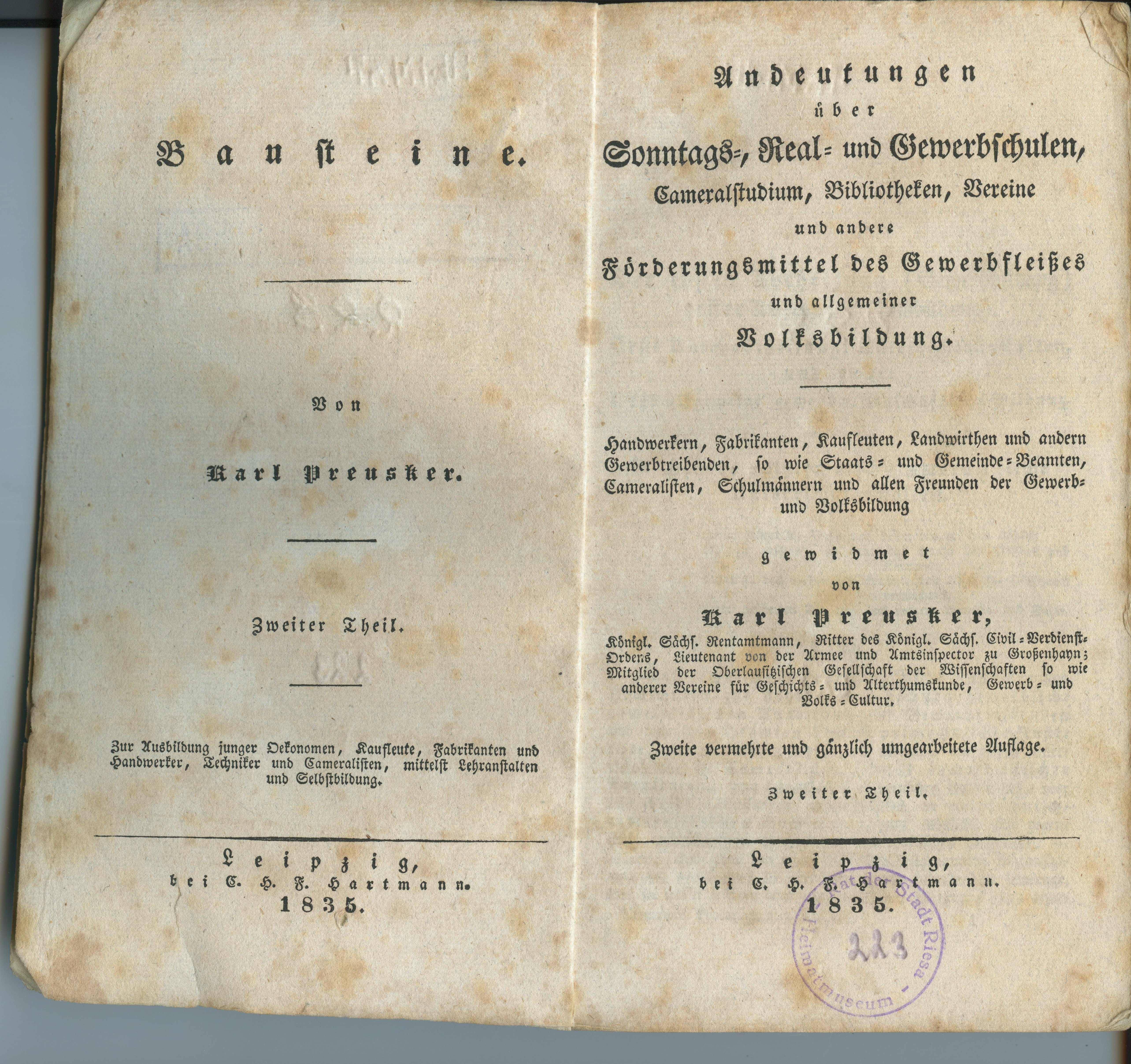 Preusker, Karl: Andeutungen über Sonntags-, Real- und Gewerbschulen [...], Teil 2, 2. Auflage 1835 (Museum Alte Lateinschule CC BY-NC-SA)