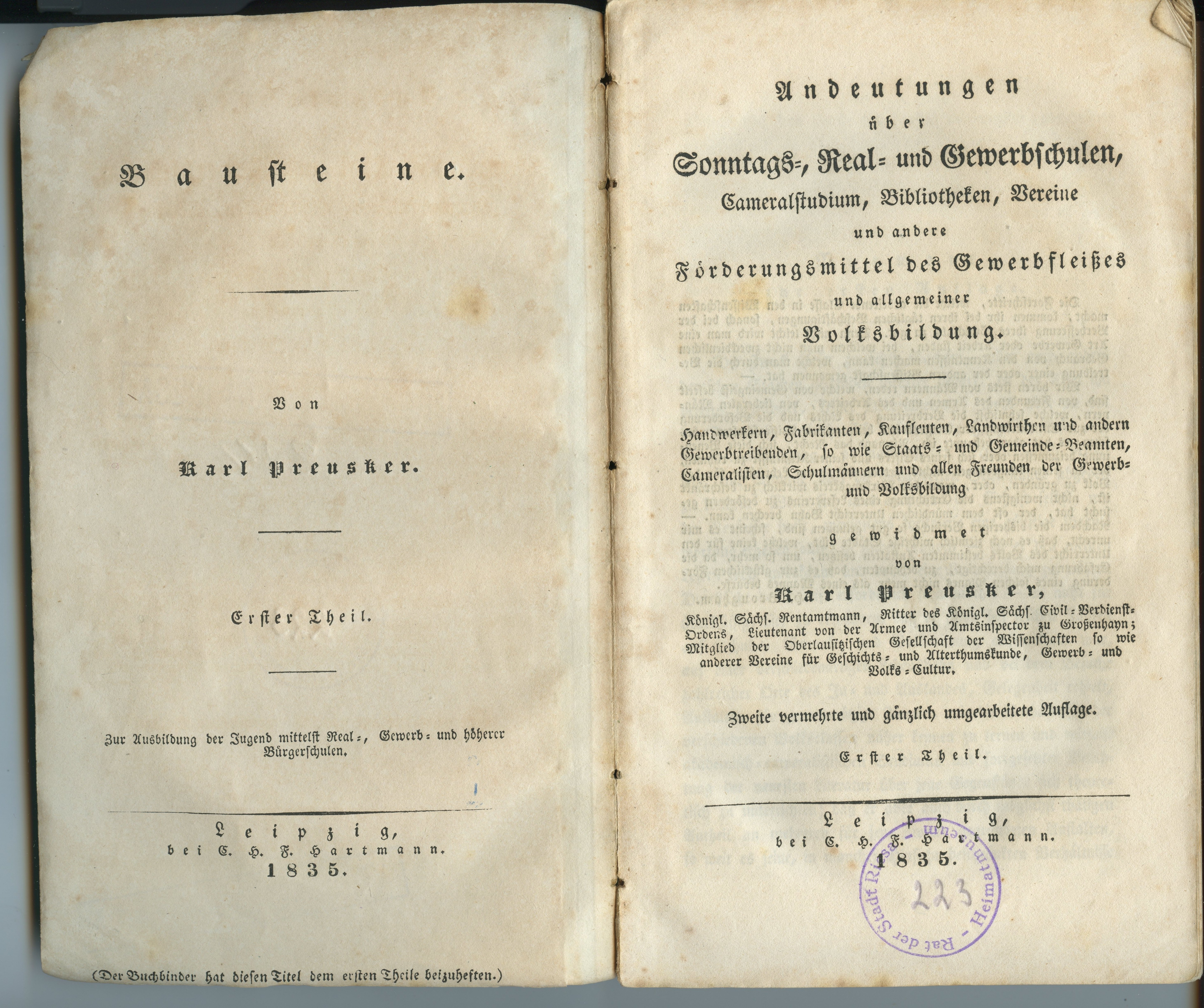 Preusker, Karl: Andeutungen über Sonntags-, Real- und Gewerbschulen [...], Teil 1, 2. Auflage 1835 (Museum Alte Lateinschule CC BY-NC-SA)