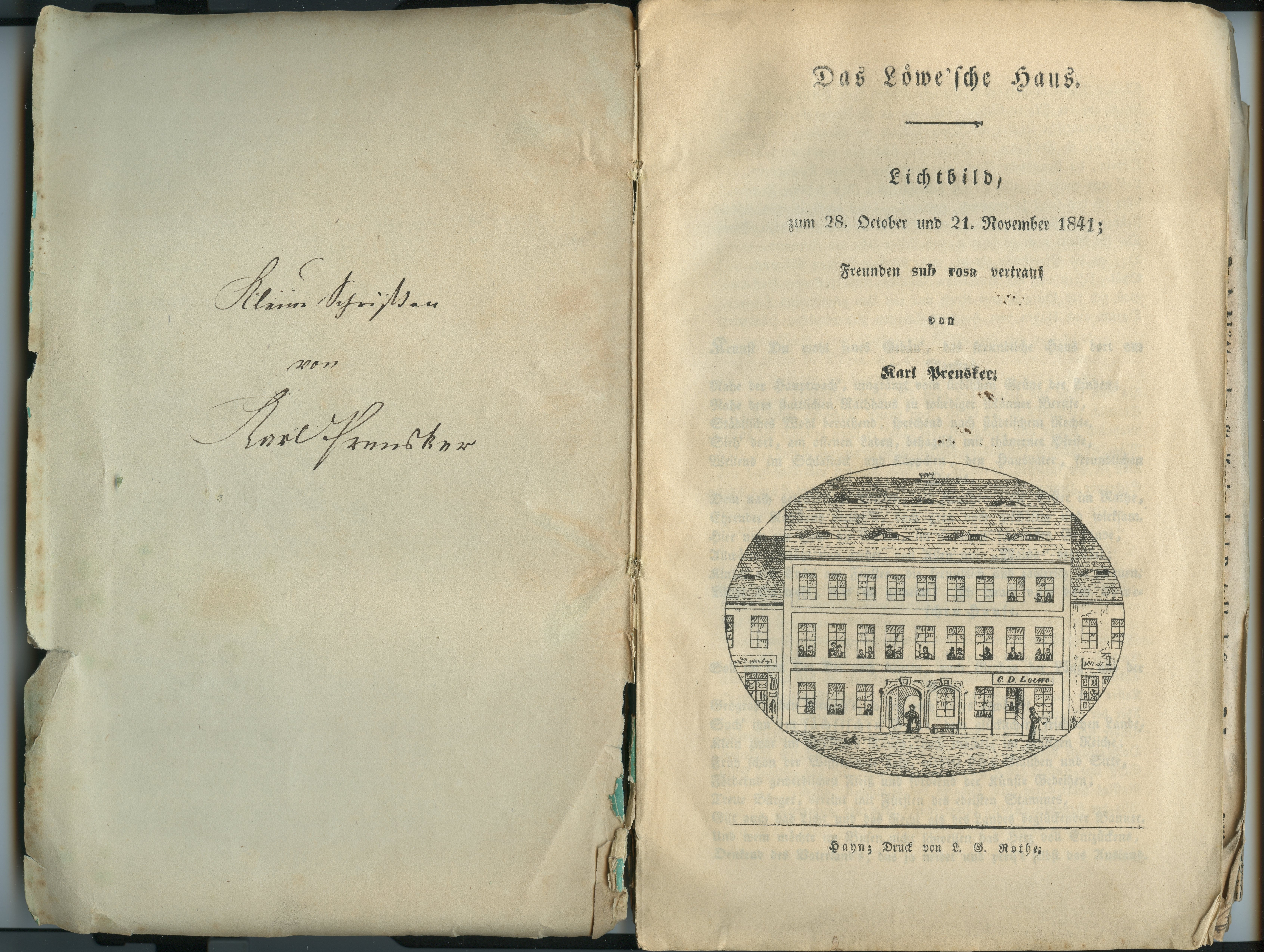Preusker, Karl: Das Löwe'sche Haus, 1841, sowie weitere eingebundene bzw. beigelegte Drucke und Handschriften (Museum Alte Lateinschule CC BY-NC-SA)
