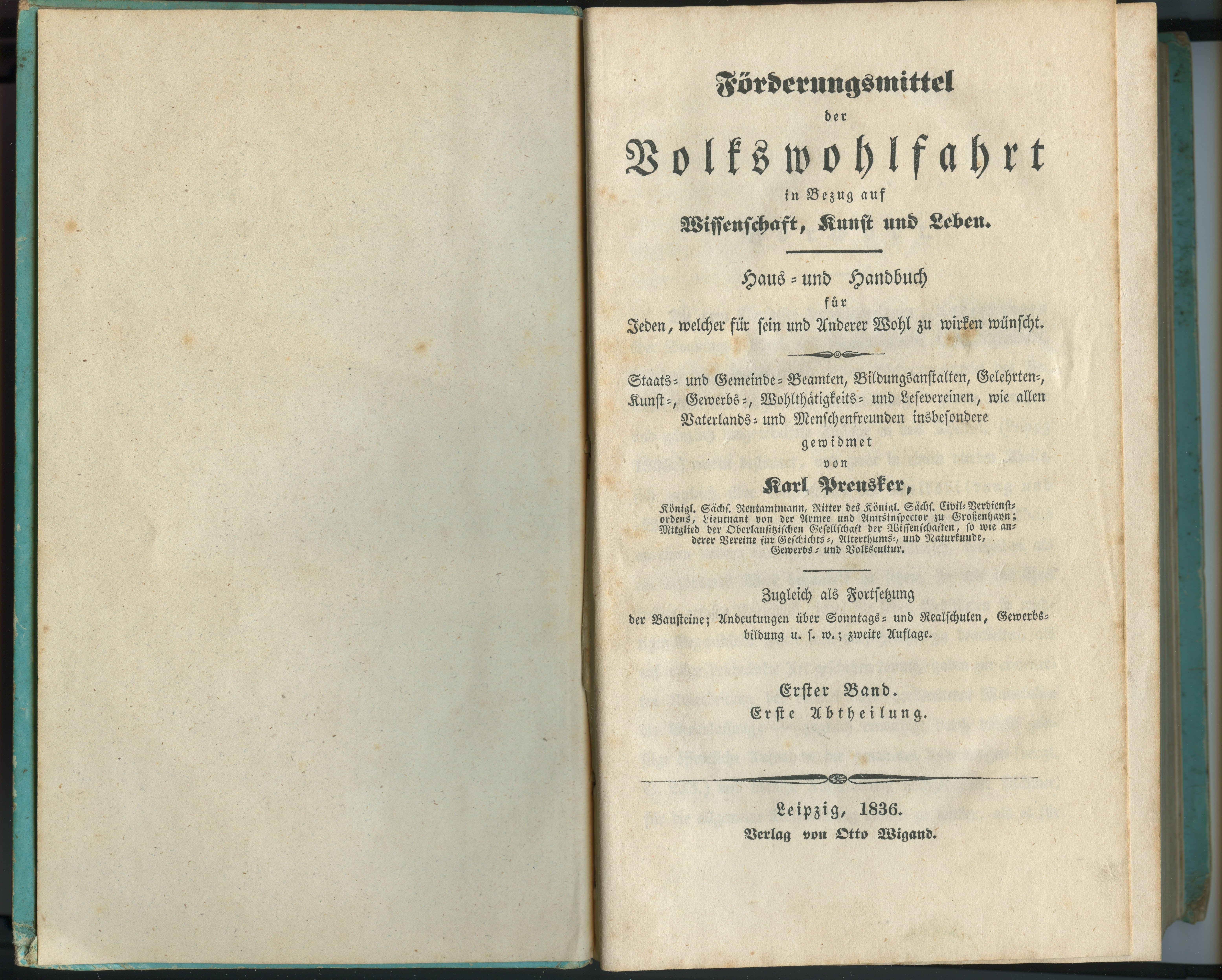 Preusker, Karl: Förderungsmittel der Volkswohlfahrt [...], 2. Auflage. I/1 1836 (Museum Alte Lateinschule CC BY-NC-SA)