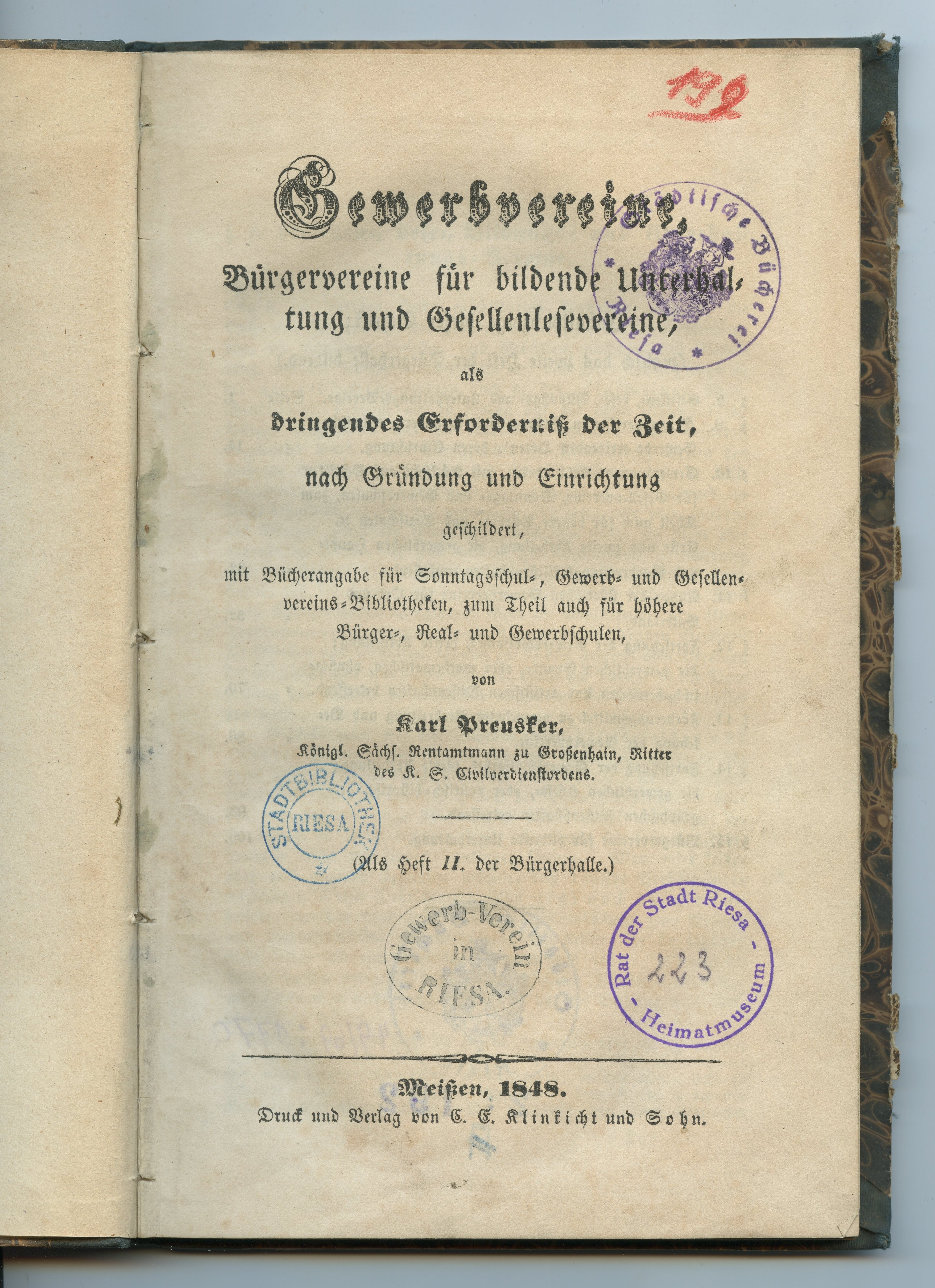 Preusker, Karl: Gewerbvereine, Bürgervereine für bildende Unterhaltung und Gesellenlesevereine [...], 1848 (Museum Alte Lateinschule CC BY-NC-SA)