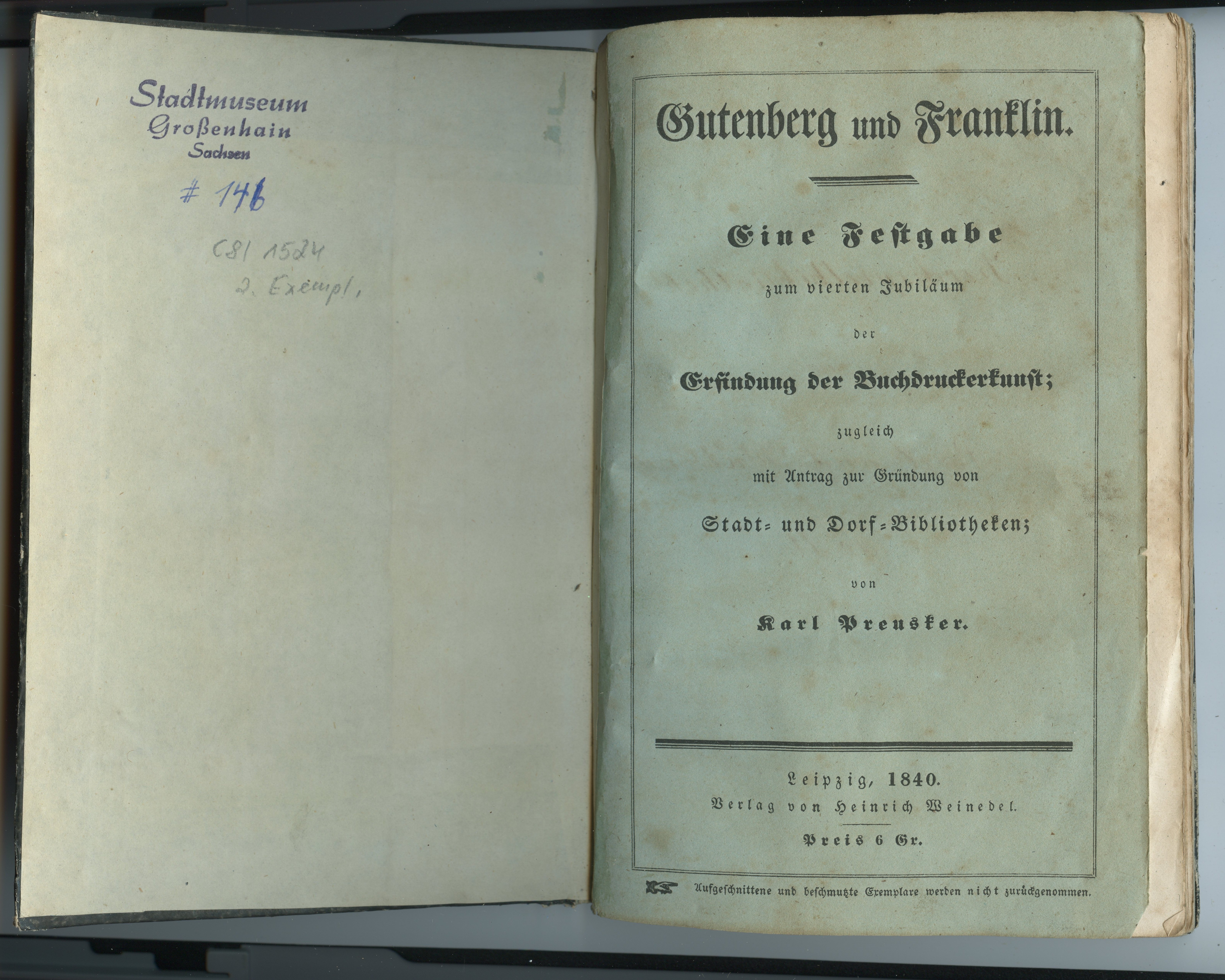Preusker, Karl: Gutenberg und Franklin [...], 1840 (Museum Alte Lateinschule CC BY-NC-SA)