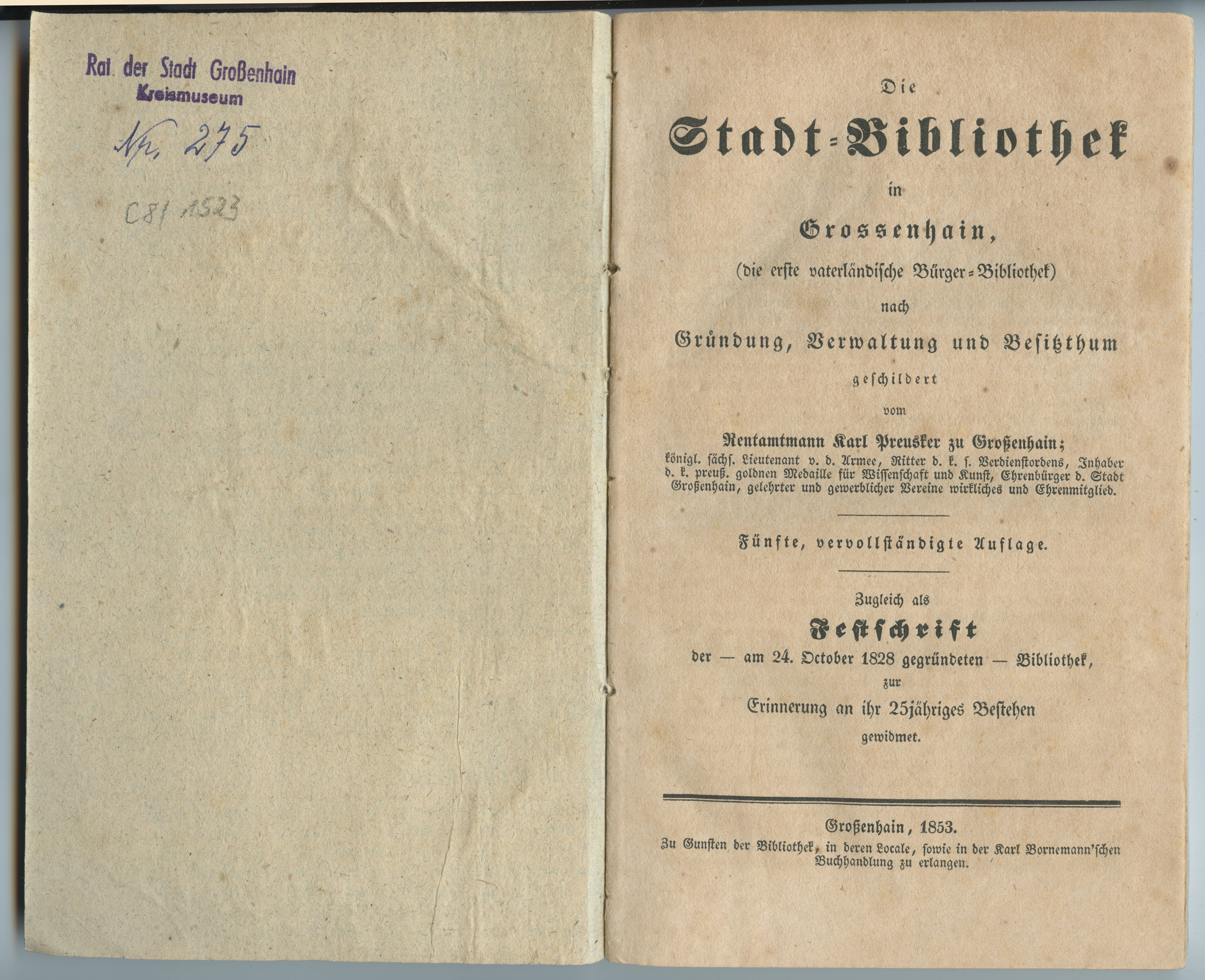 Preusker, Karl: Die Stadt-Bibliothek in Großenhain [...], 5. Auflage 1853 (Museum Alte Lateinschule CC BY-NC-SA)