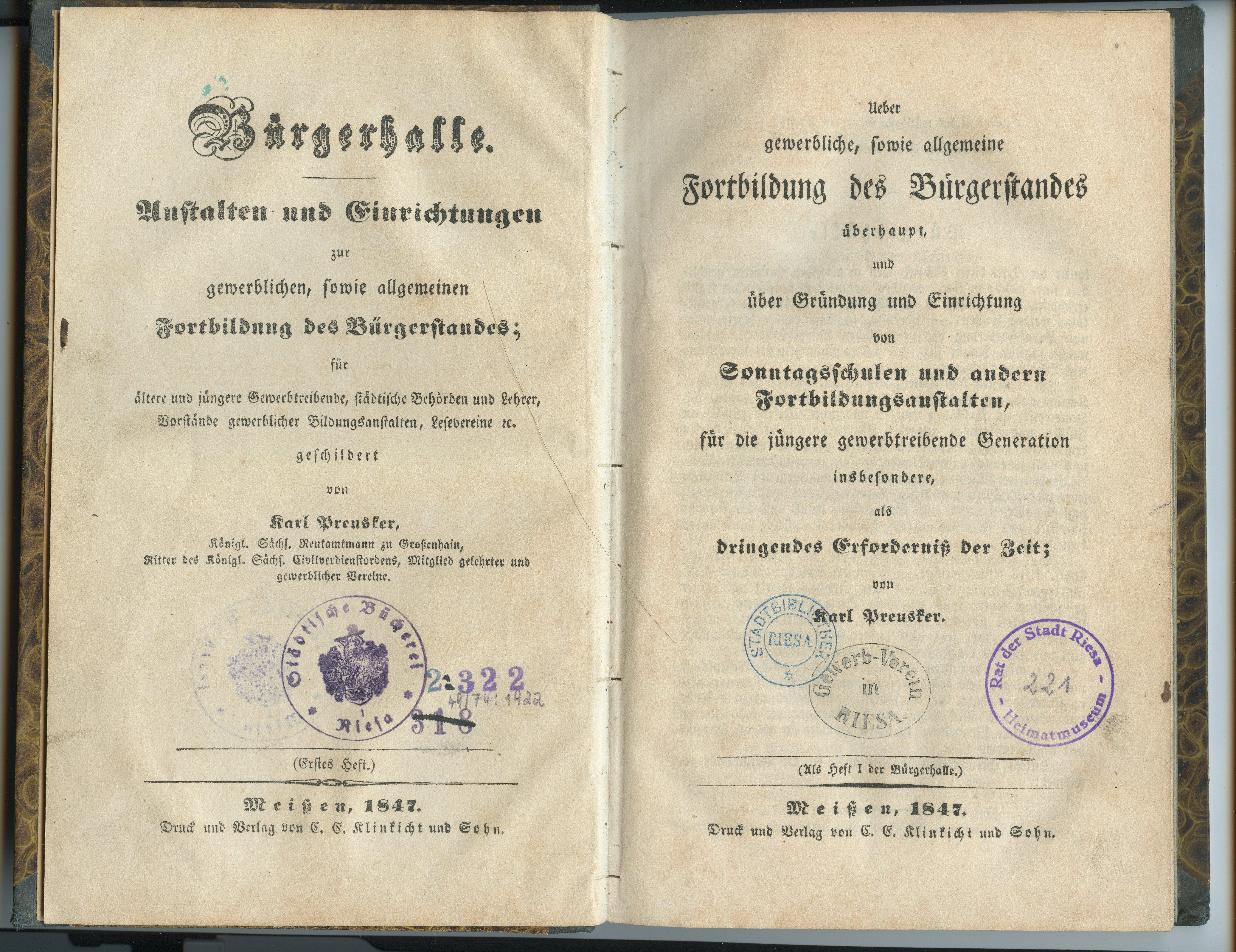 Preusker, Karl: Ueber die gewerbliche, sowie allgemeine Fortbildung des Bürgerstandes überhaupt [...], 1847 (Museum Alte Lateinschule CC BY-NC-SA)