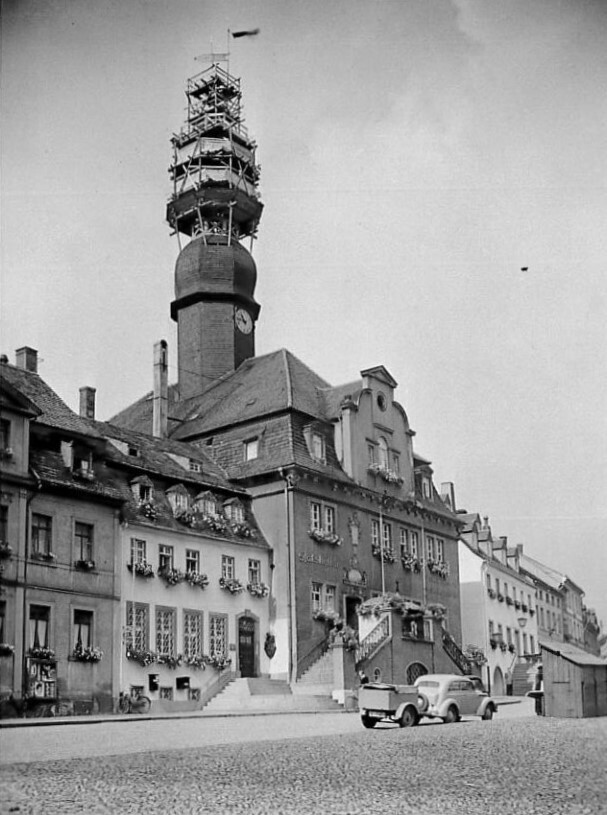 Rathaus Marktplatz Waldenburg/Sachsen, Turmreparatur (Museum - Naturalienkabinett Waldenburg CC BY-NC-SA)