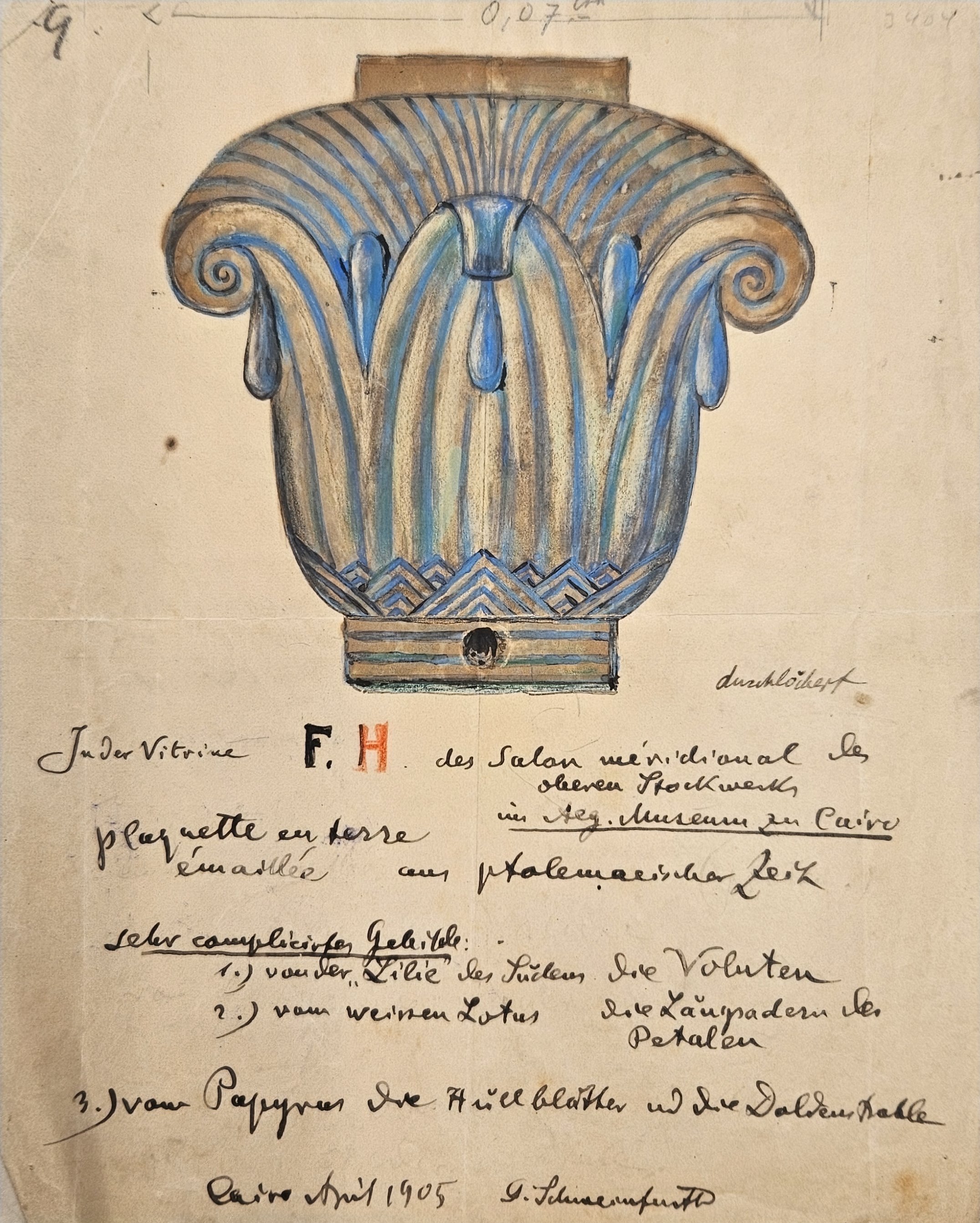 Brief und Zeichnung zu einem ägyptischen Kapitell von Georg Schweinfurt an Moritz Meurer (Museum Naturalienkabinett Waldenburg CC BY-NC-SA)