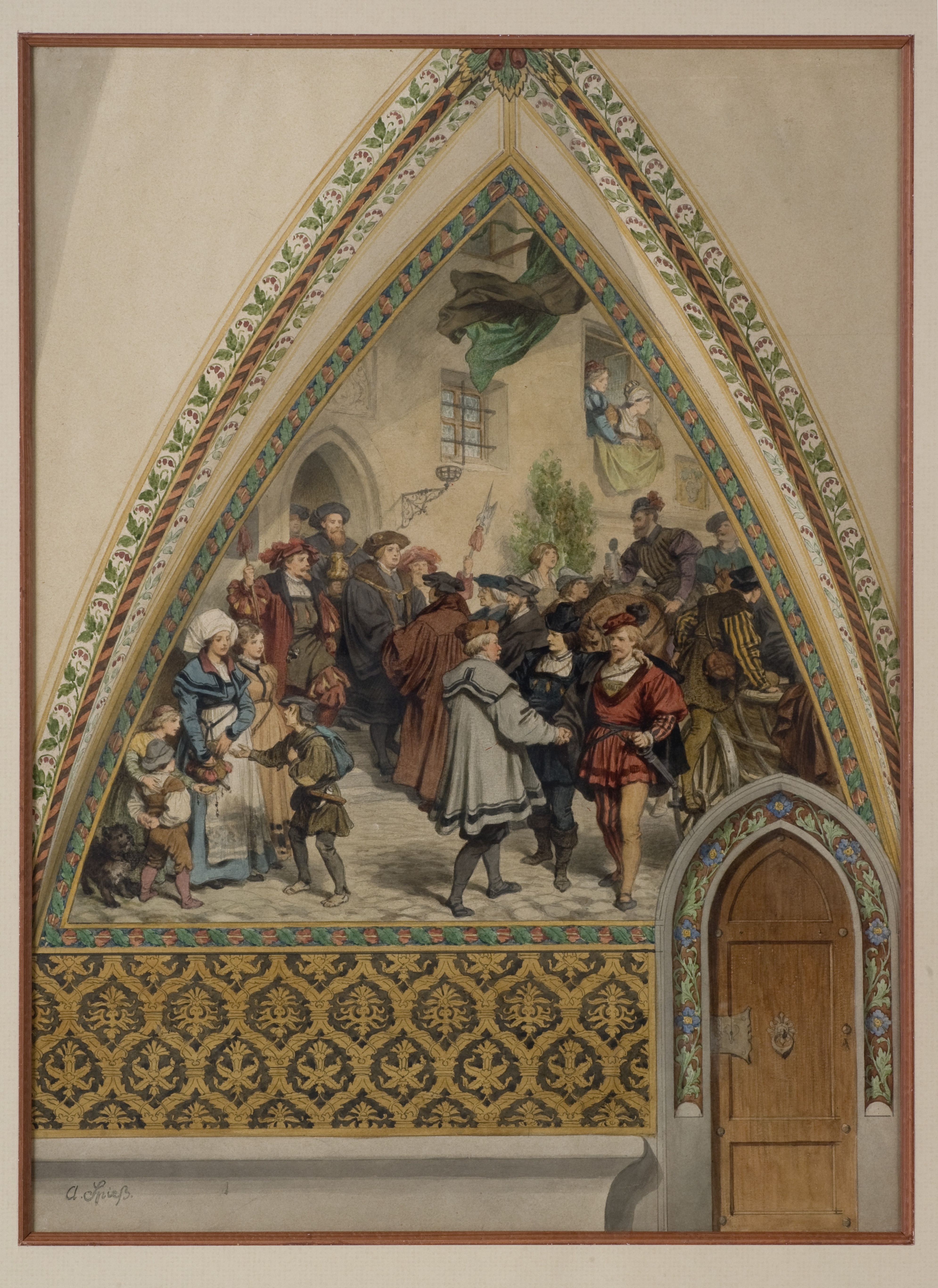Gemälde: Entwurf zum Wandbild "Der Einzug der Leipziger Professoren und Studenten in Meißen im Jahr 1547" (Aquarell) (SBG gGmbH CC BY-NC-SA)