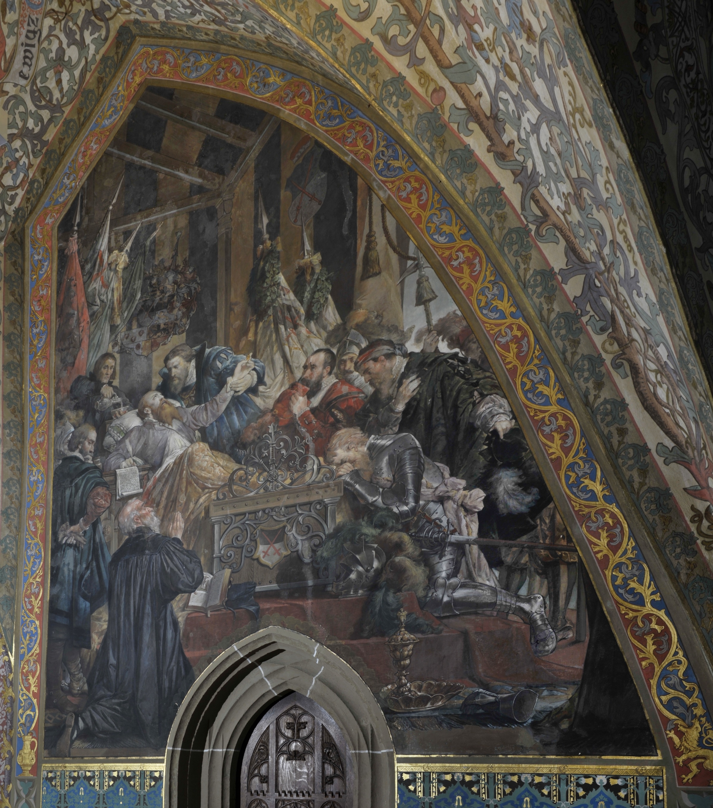 Wandbild:
"Kurfürst Moritz auf
dem Sterbebett nach
der Schlacht bei
Sievershausen im Jahr 1553" (SBG gGmbH CC BY-NC-SA)