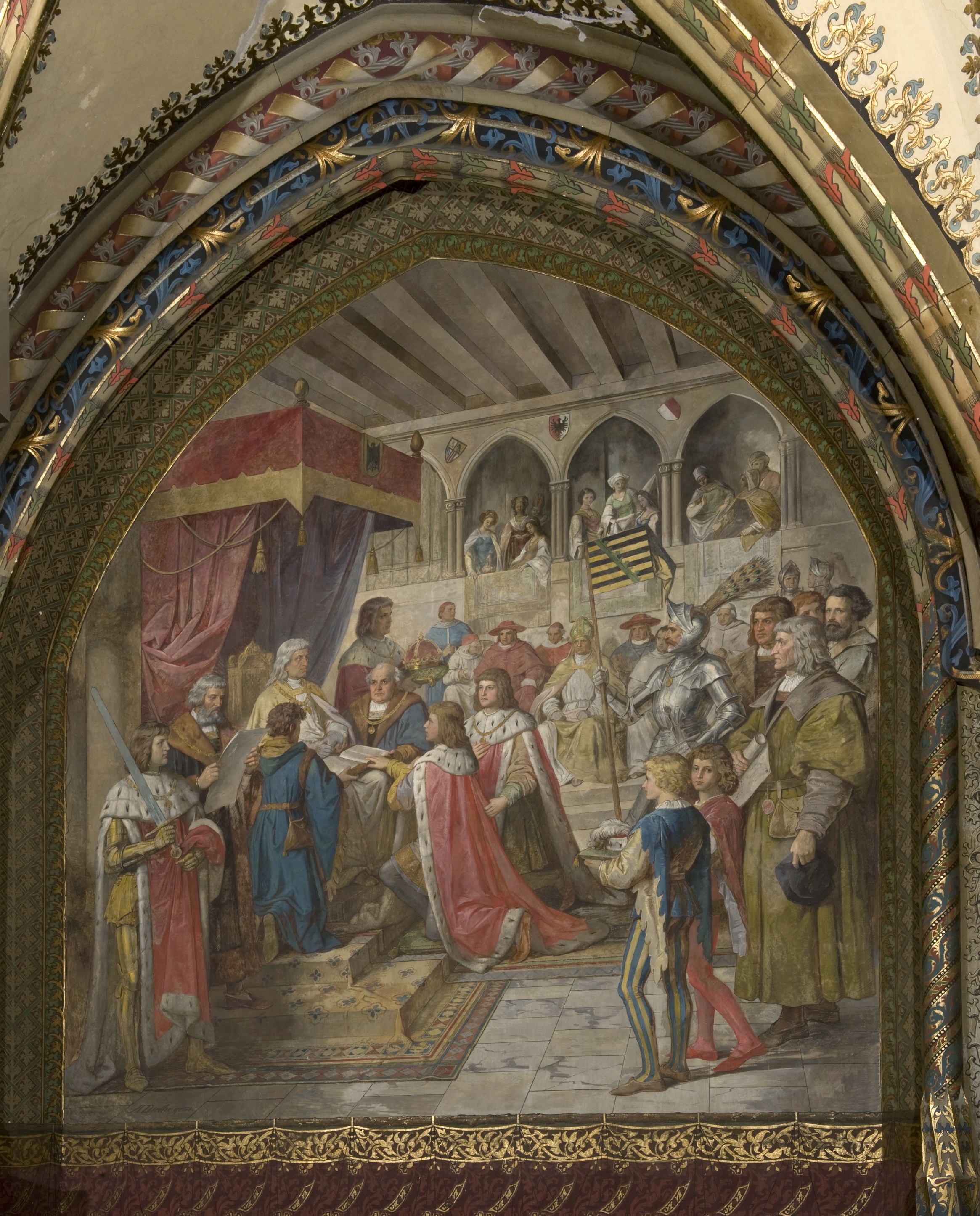 Wandbild:
"Die Belehnung der
Prinzen Ernst und Albrecht durch ihren Oheim Kaiser Friedrich III., 1465" (SBG gGmbH CC BY-NC-SA)