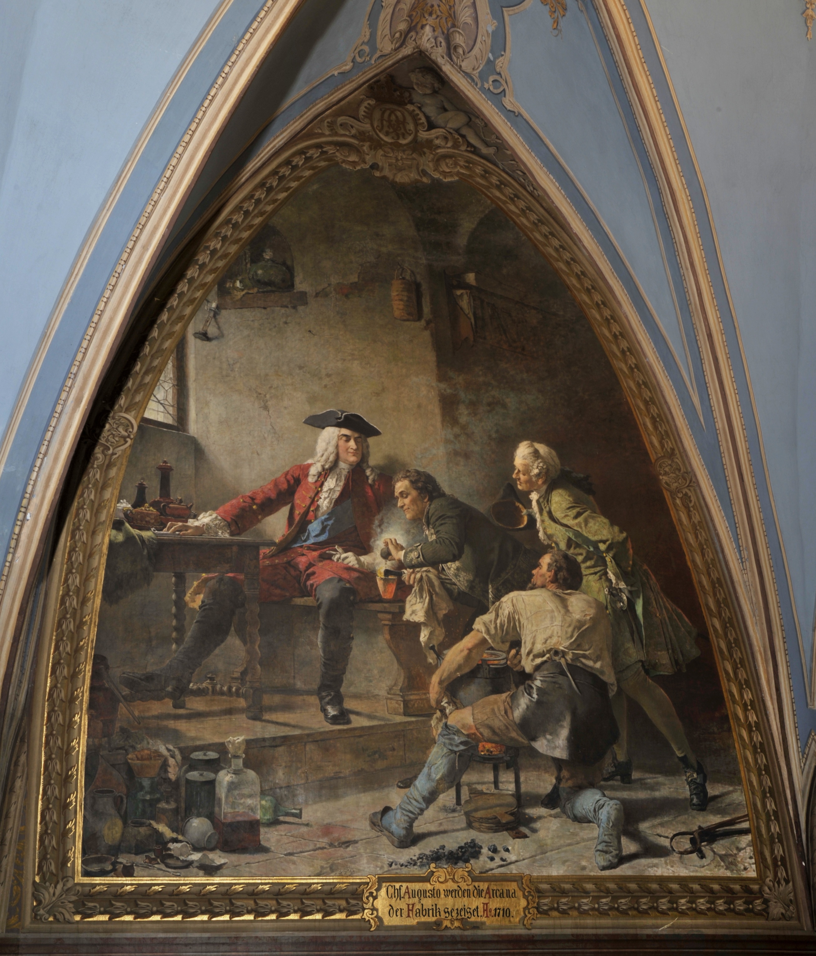 Wandbild:
"Johann Friedrich Böttger zeigt August dem Starken die Arkana, 1710" (SBG gGmbH CC BY-NC-SA)