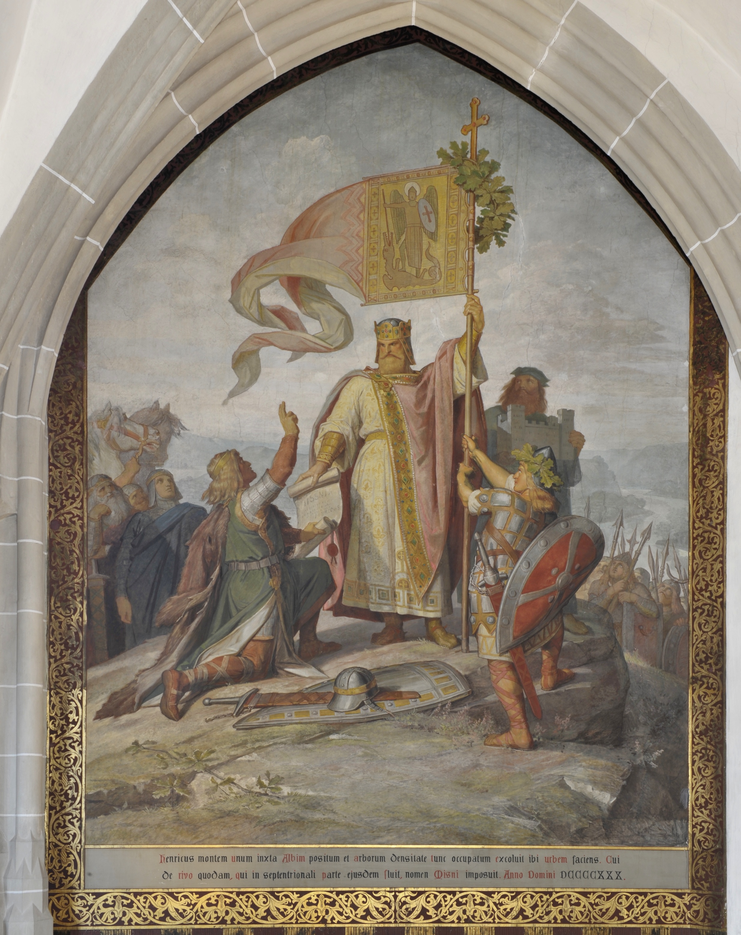 Wandbild:
"Gründung der Burg
Meißen durch König Heinrich I. im Jahr 929" (SBG gGmbH CC BY-NC-SA)