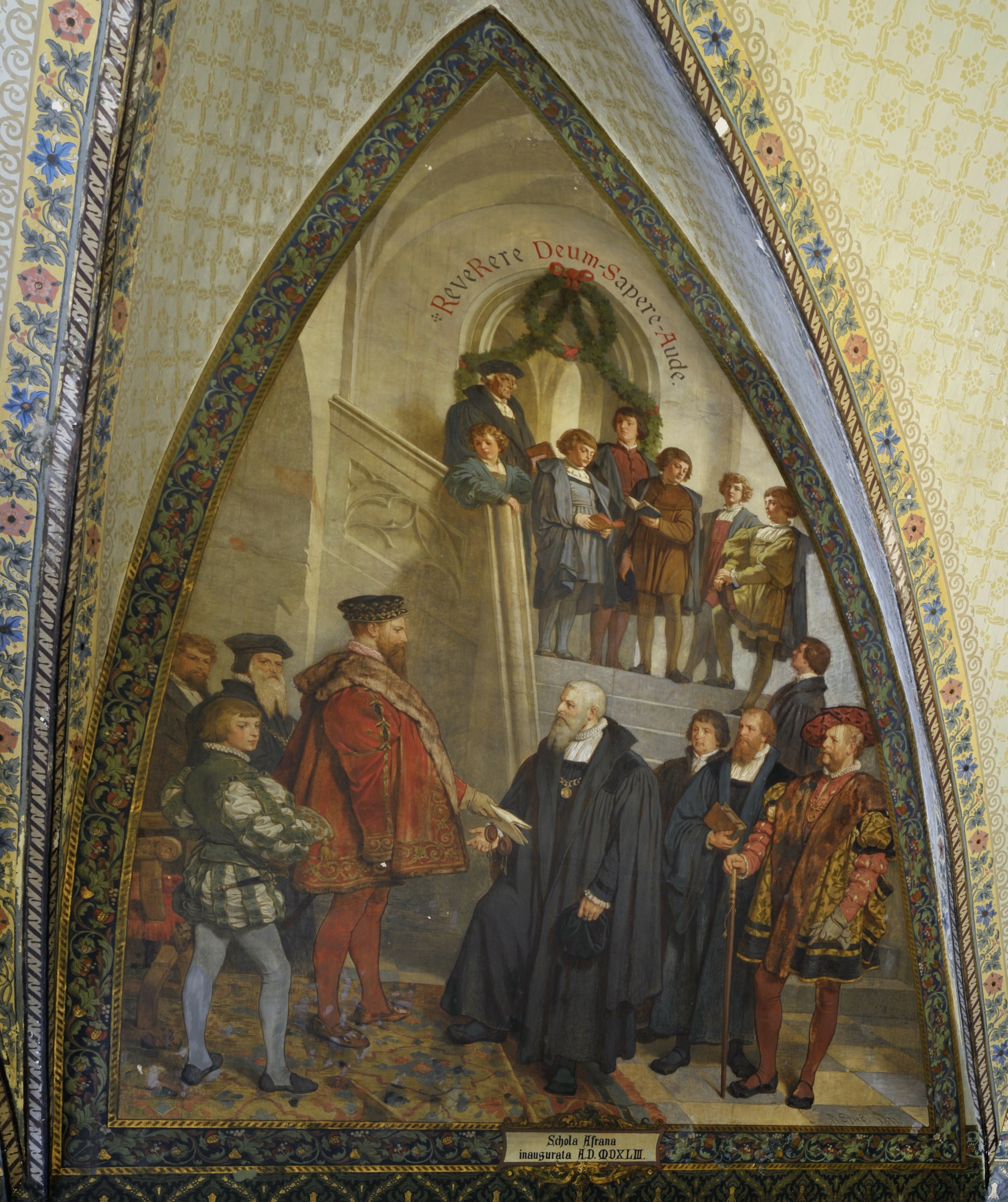 Wandbild:
"Kurfürst Moritz eröffnet die Fürstenschule zu St. Afra im Jahr 1543" (SBG gGmbH CC BY-NC-SA)