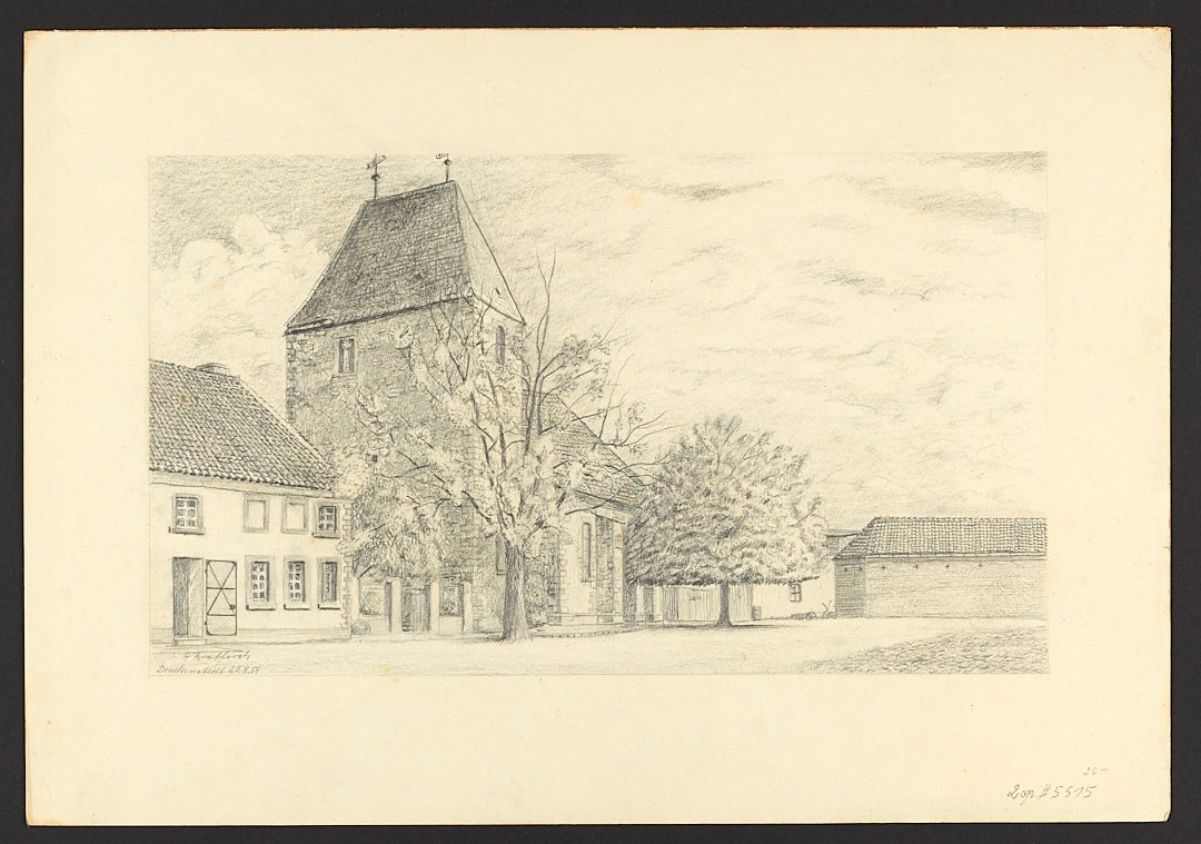 Dorfkirche mit rechteckigem Turm vor blühenden Bäumen (Börde-Museum Burg Ummendorf CC BY-NC-SA)