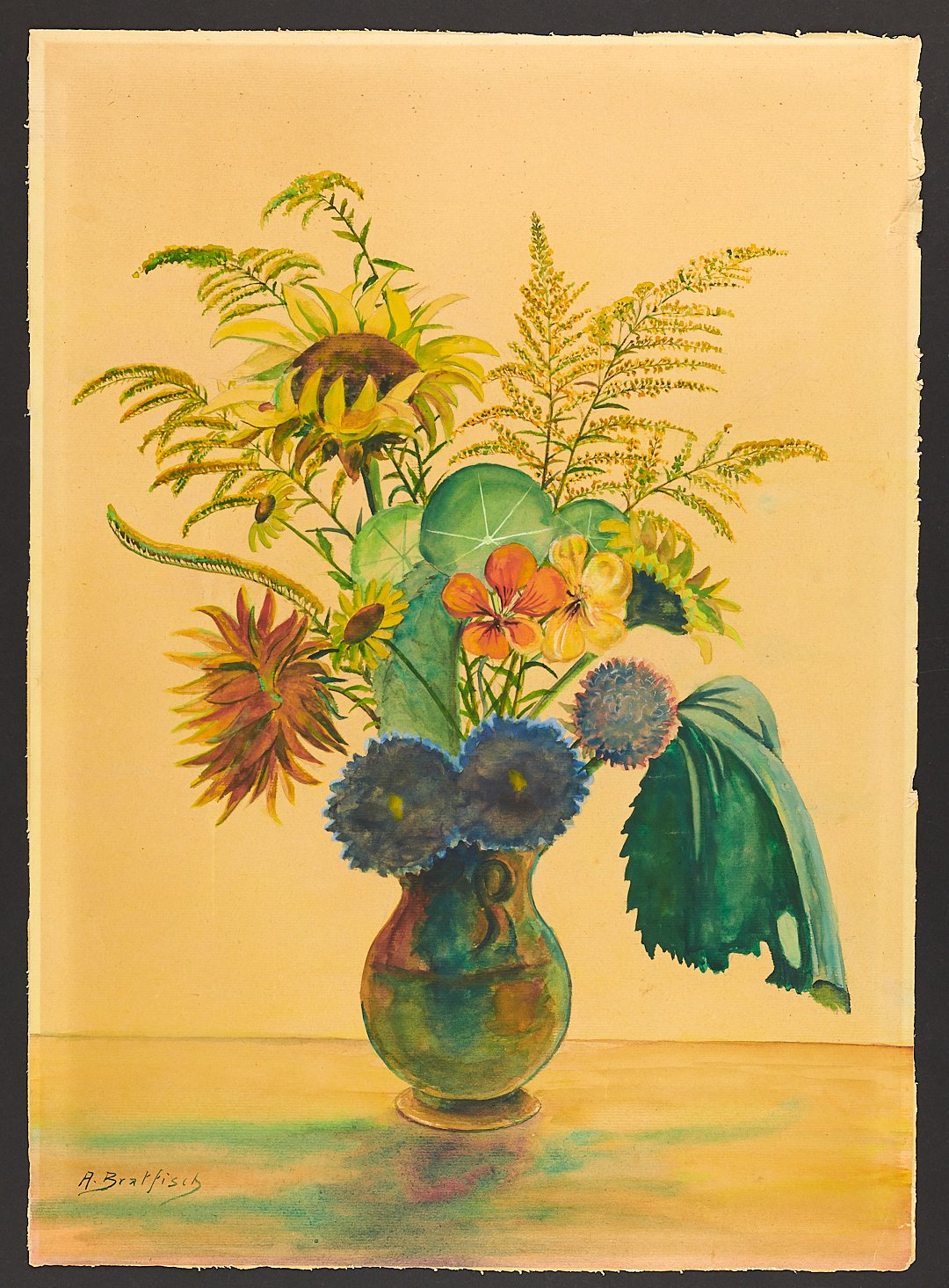 Bunter Blumenstrauß mit Sonnenblumen in bauchiger Vase (Börde-Museum Burg Ummendorf CC BY-NC-SA)