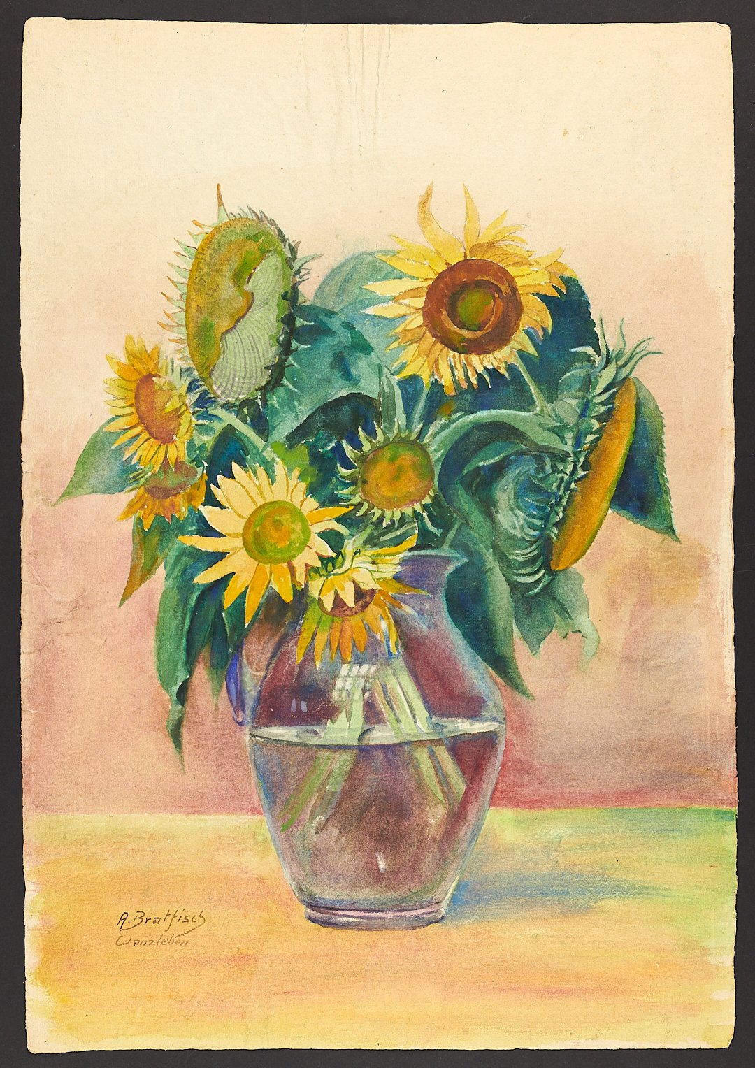Sonnenblume in bauchiger Glasvase (Börde-Museum Burg Ummendorf CC BY-NC-SA)