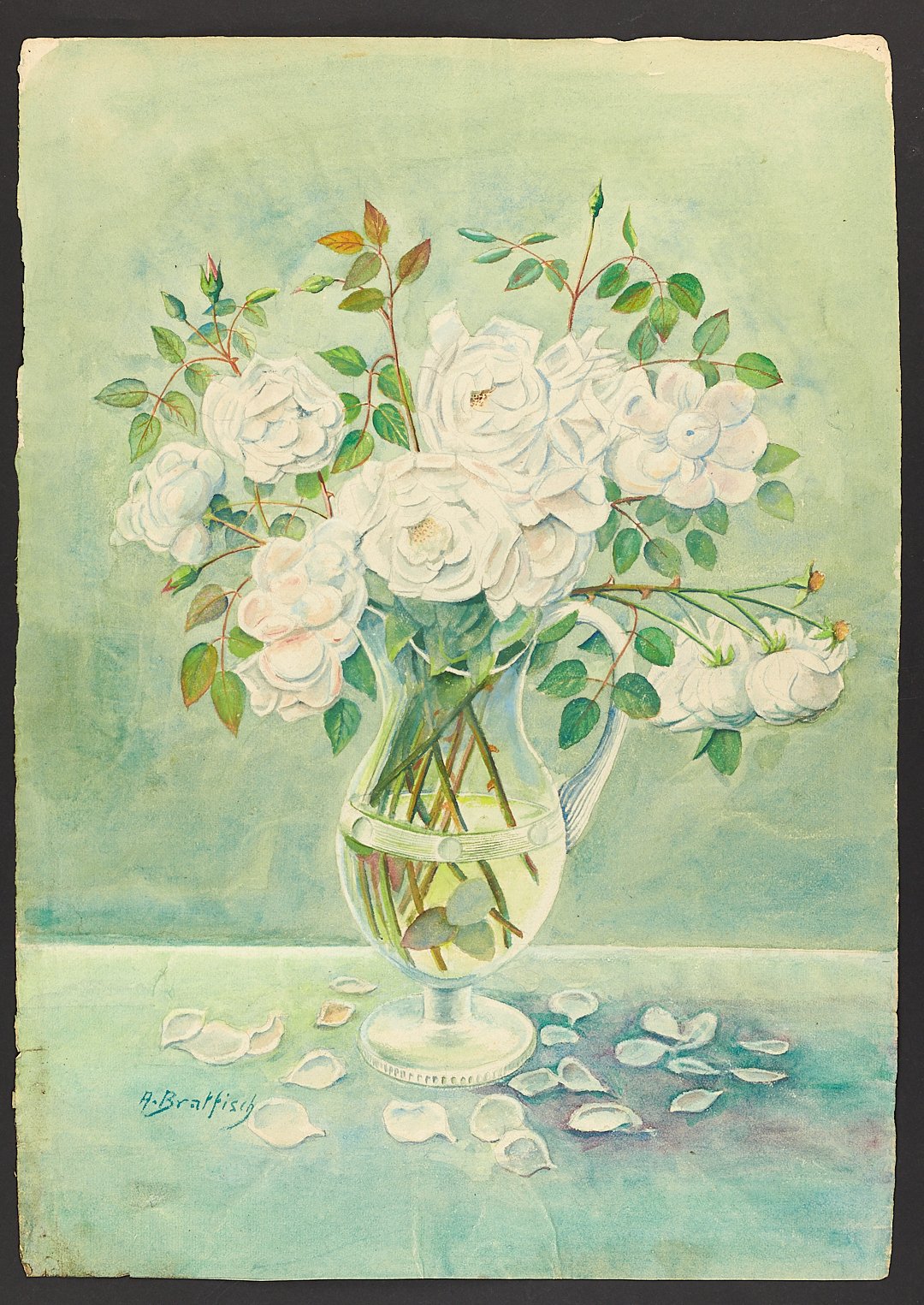 Welke, weiße Rosen in Glasvase mit Henkel und Standfuß (Börde-Museum Burg Ummendorf CC BY-NC-SA)