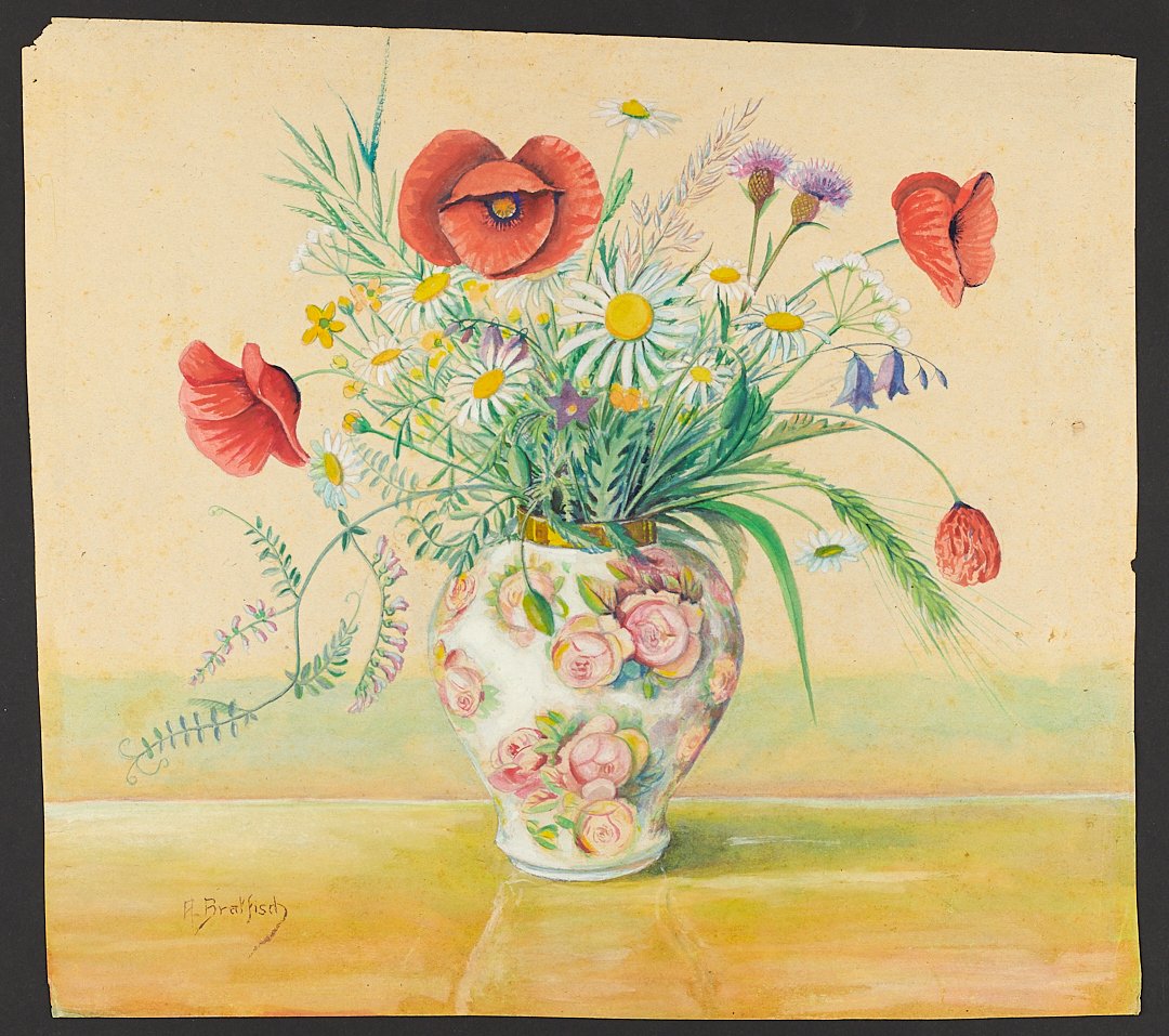 Klatschmohn und Feldblumen in bauchiger Vase mit Blumenmuster (Börde-Museum Burg Ummendorf CC BY-NC-SA)