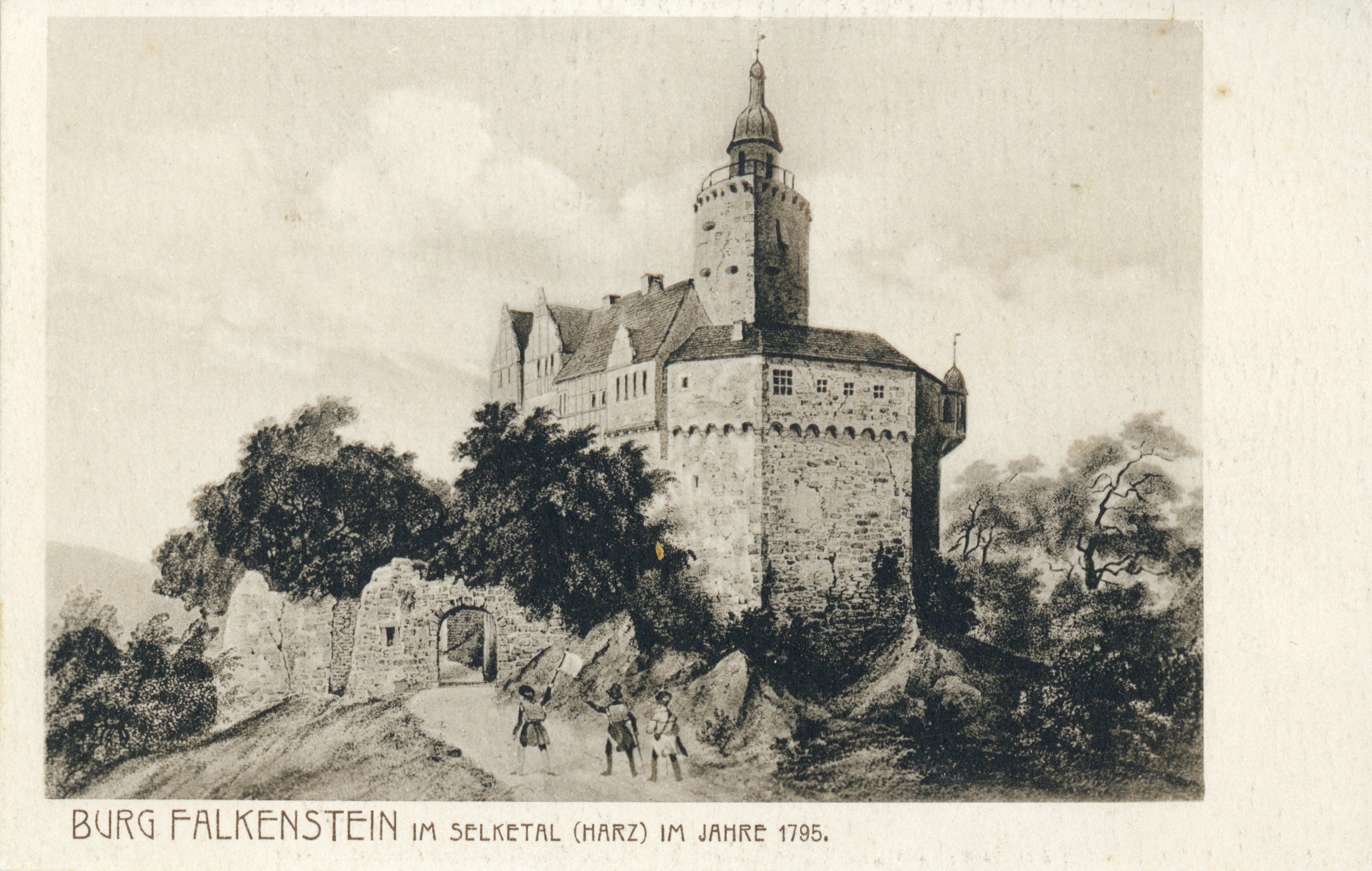 Ansichtskarte: Burg Falkenstein im Selketal (Harz) im Jahre 1795. (Kulturstiftung Sachsen-Anhalt - Museum Burg Falkenstein CC BY-NC-SA)