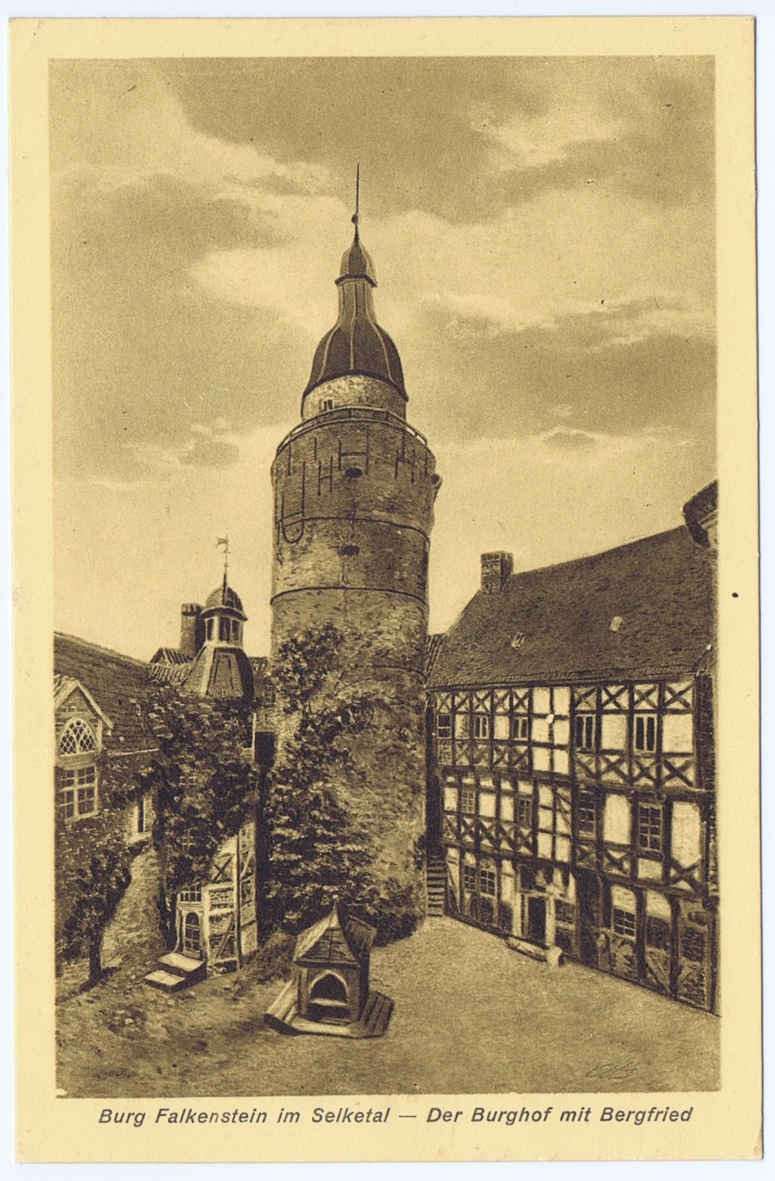 Ansichtskarte: Burg Falkenstein im Selketal - Der Burghof mit Bergfried (Kulturstiftung Sachsen-Anhalt CC BY-NC-SA)