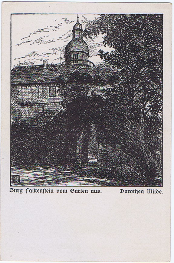 Ansichtskarte: Burg Falkenstein vom Garten aus. Dorothea Milde. (Kulturstiftung Sachsen-Anhalt CC BY-NC-SA)