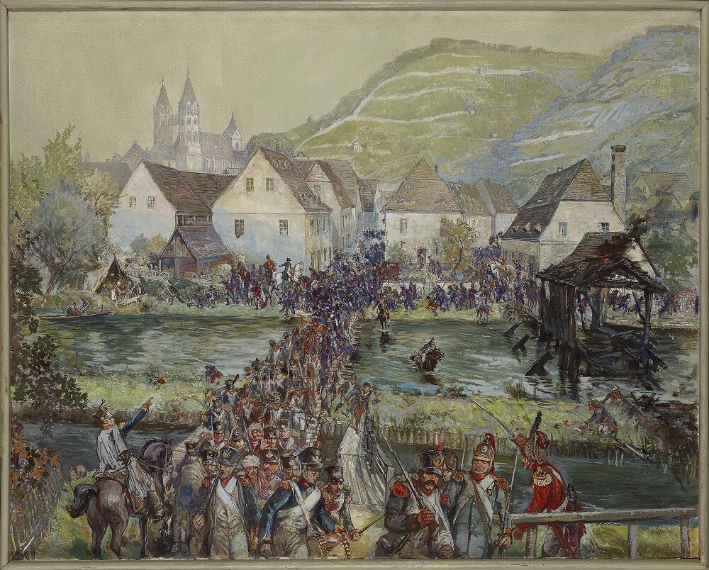 Gemälde "Übergang der Franzosen über die Unstrut" (Kulturstiftung Sachsen-Anhalt CC BY-NC-SA)
