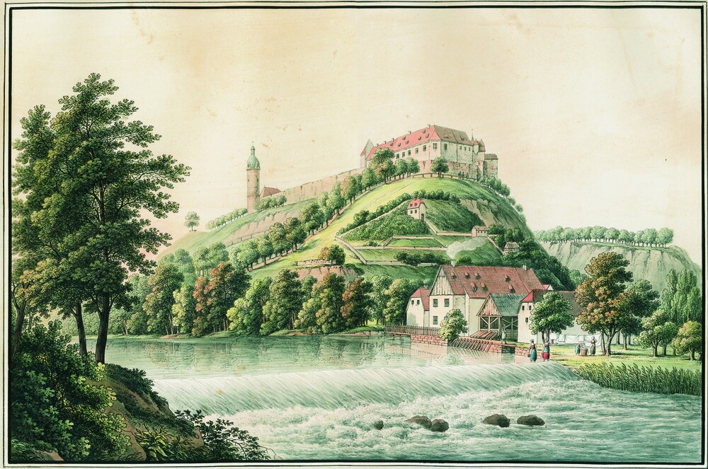 Umrissradierung "Burgmühle und Schloss Neuenburg von Südwesten" (Kulturstiftung Sachsen-Anhalt CC BY-NC-SA)