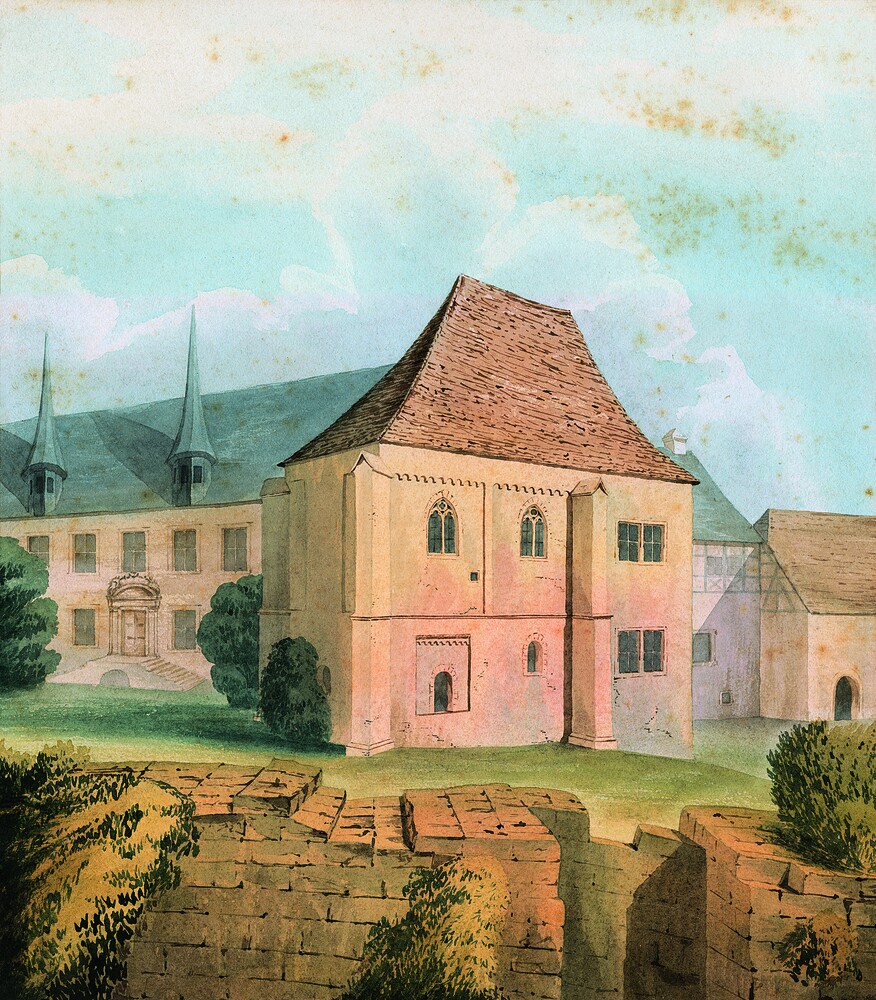Federzeichnung "Innenhof des Schlosses Neuenburg mit Doppelkapelle von Nordosten" (Kulturstiftung Sachsen-Anhalt CC BY-NC-SA)